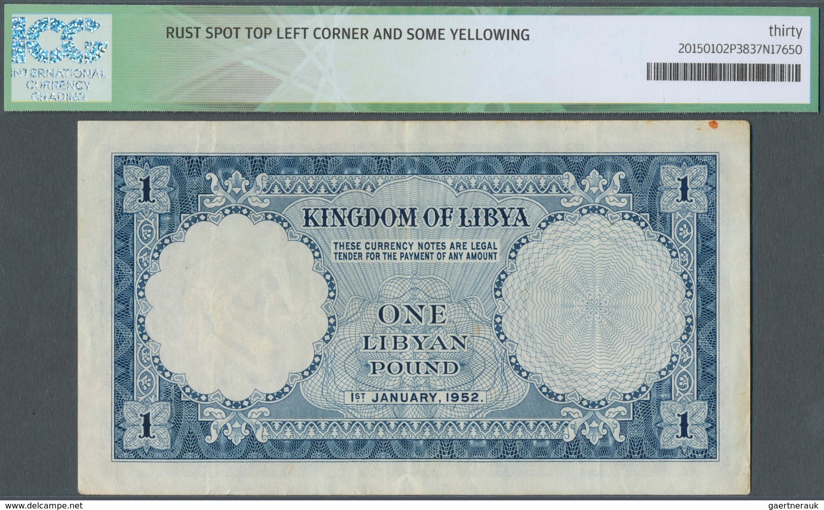 01928 Libya / Libyen: 1 Pound Kingdom Of Libya 1952 P. 16, ICG Graded 30* Very Fine. - Libia