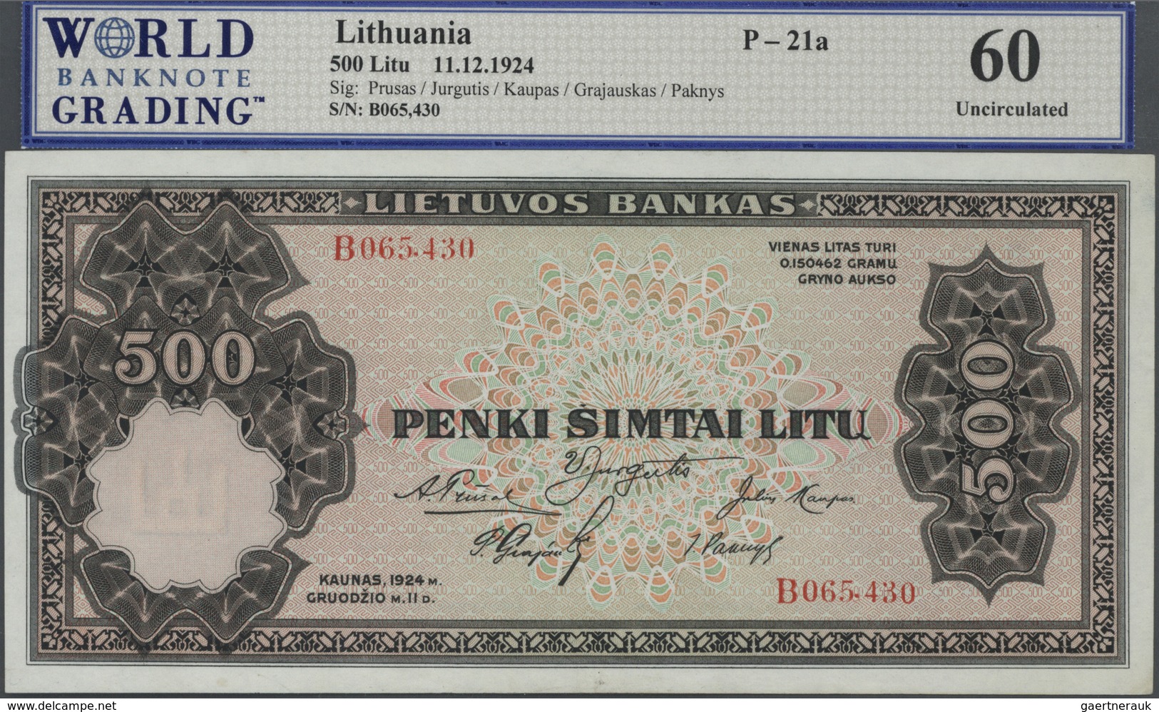 01930 Lithuania / Litauen: 500 Litu 1924, P.21a, WBG Graded 60 Uncirculated - Lithuania