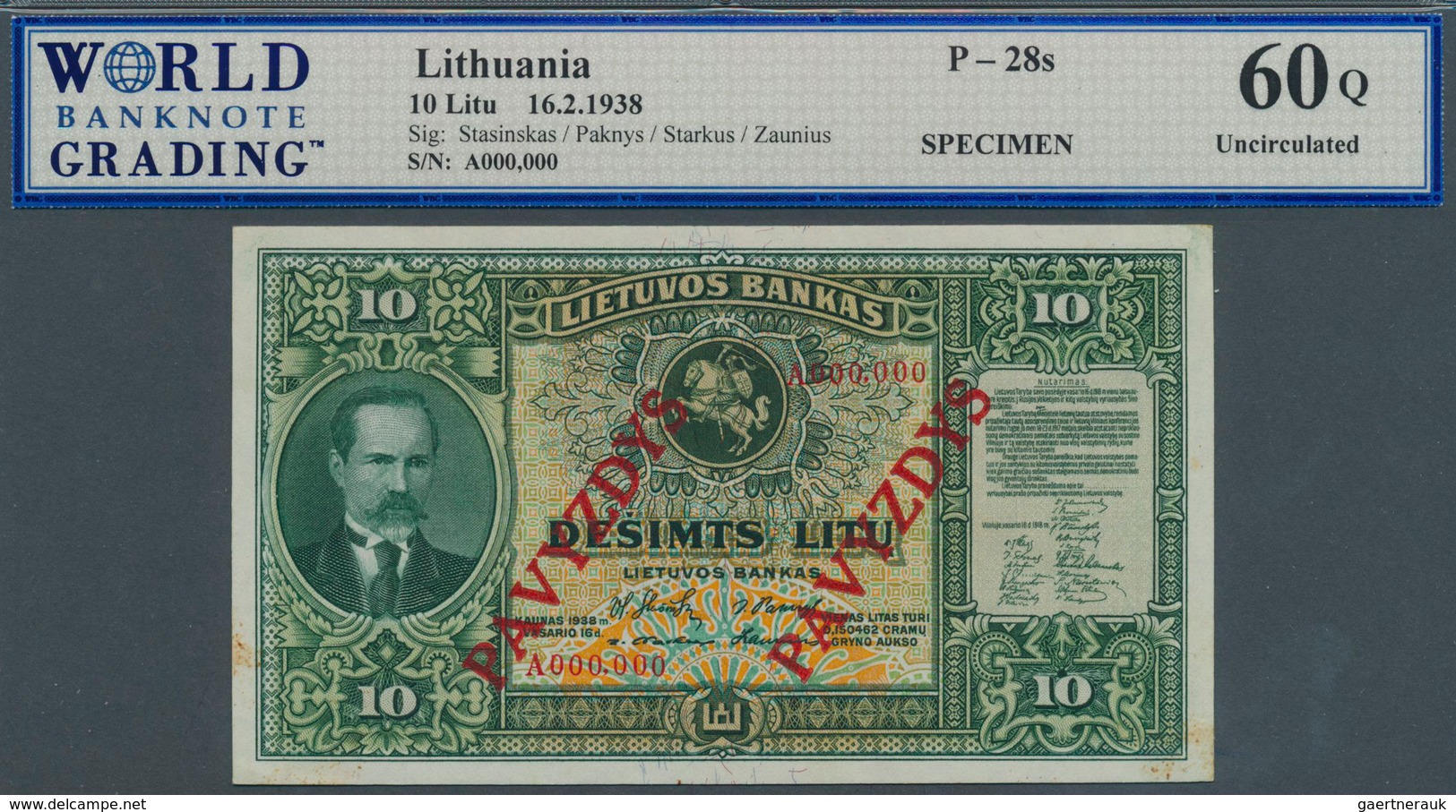 01931 Lithuania / Litauen: 10 Litu 1938 SPECIMEN, P.28s, WBG Graded 60Q Uncirculated - Lithuania