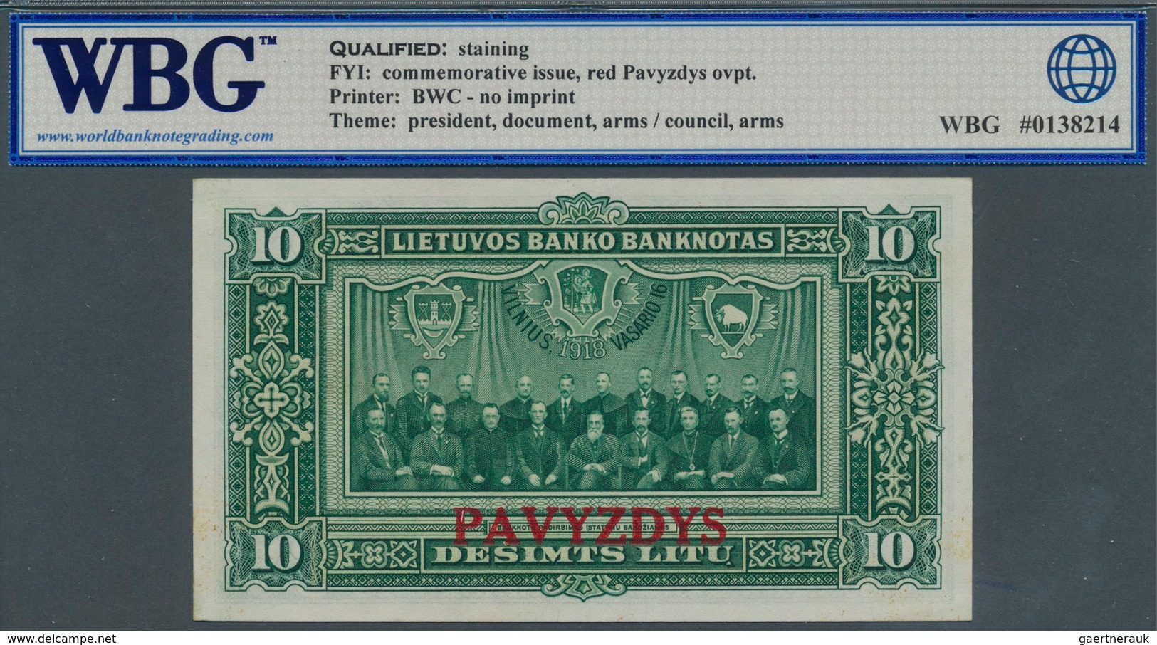 01931 Lithuania / Litauen: 10 Litu 1938 SPECIMEN, P.28s, WBG Graded 60Q Uncirculated - Lithuania