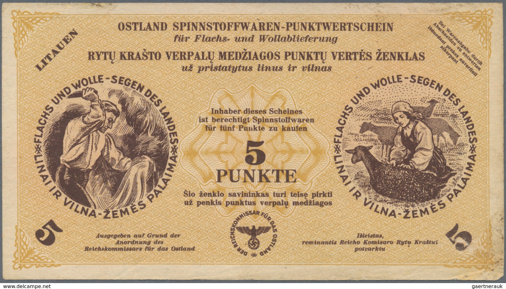 01933 Lithuania / Litauen: Ostland Spinnstoffwaren-Punktwertschein 5 Punkte ND(1939-45), P.NL With Waterma - Lithuania