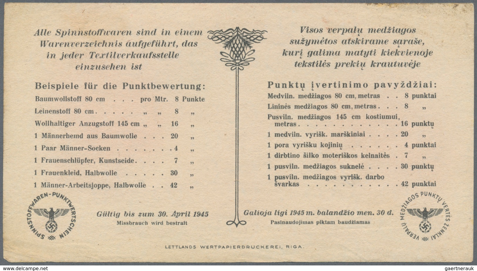 01933 Lithuania / Litauen: Ostland Spinnstoffwaren-Punktwertschein 5 Punkte ND(1939-45), P.NL With Waterma - Lituania