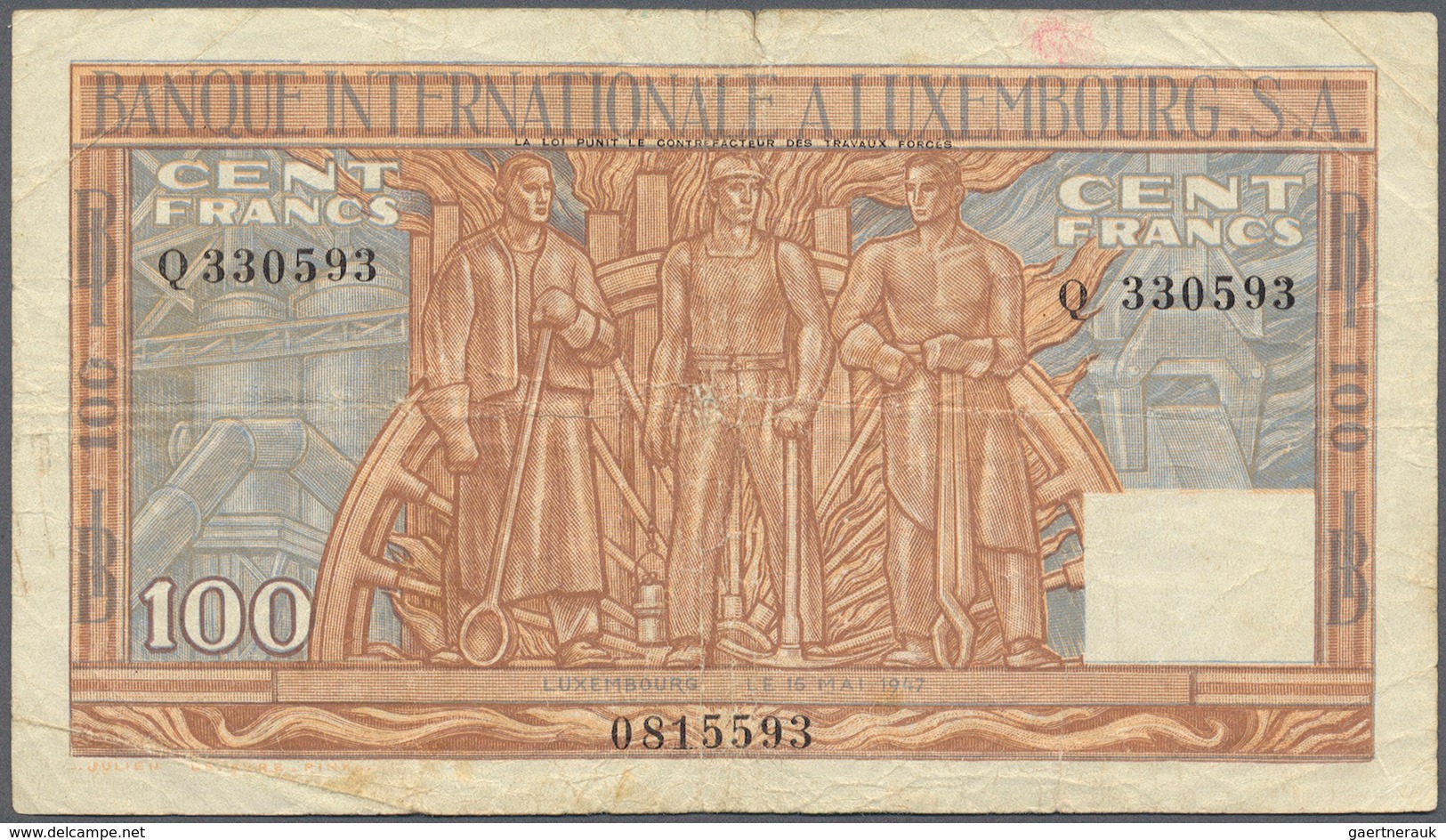 01934 Luxembourg: 100 Francs 1947 P. 12, Used With Several Folds, Some Softness In Paper, A Center Hole, 5 - Luxemburgo