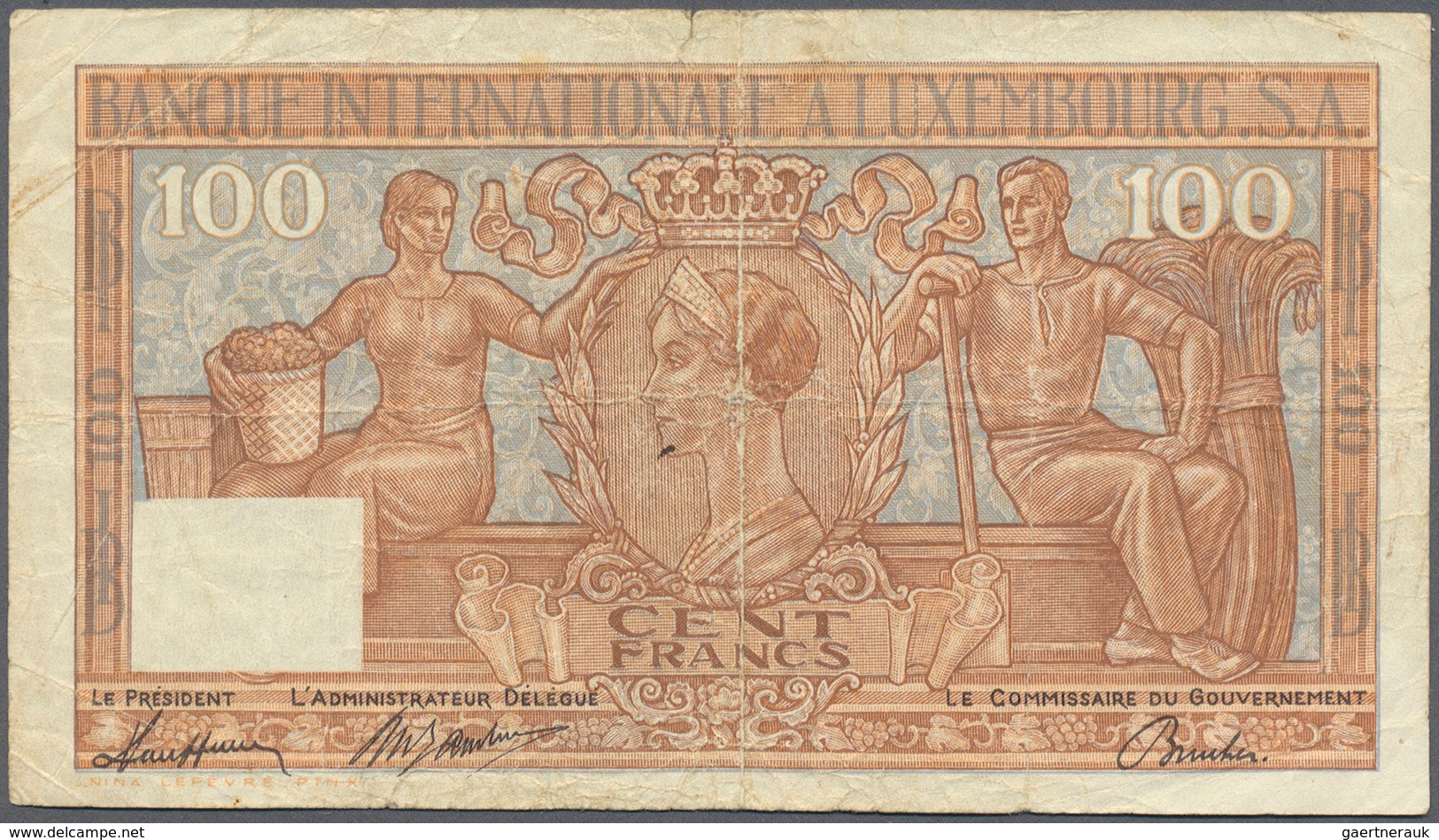 01934 Luxembourg: 100 Francs 1947 P. 12, Used With Several Folds, Some Softness In Paper, A Center Hole, 5 - Luxemburgo