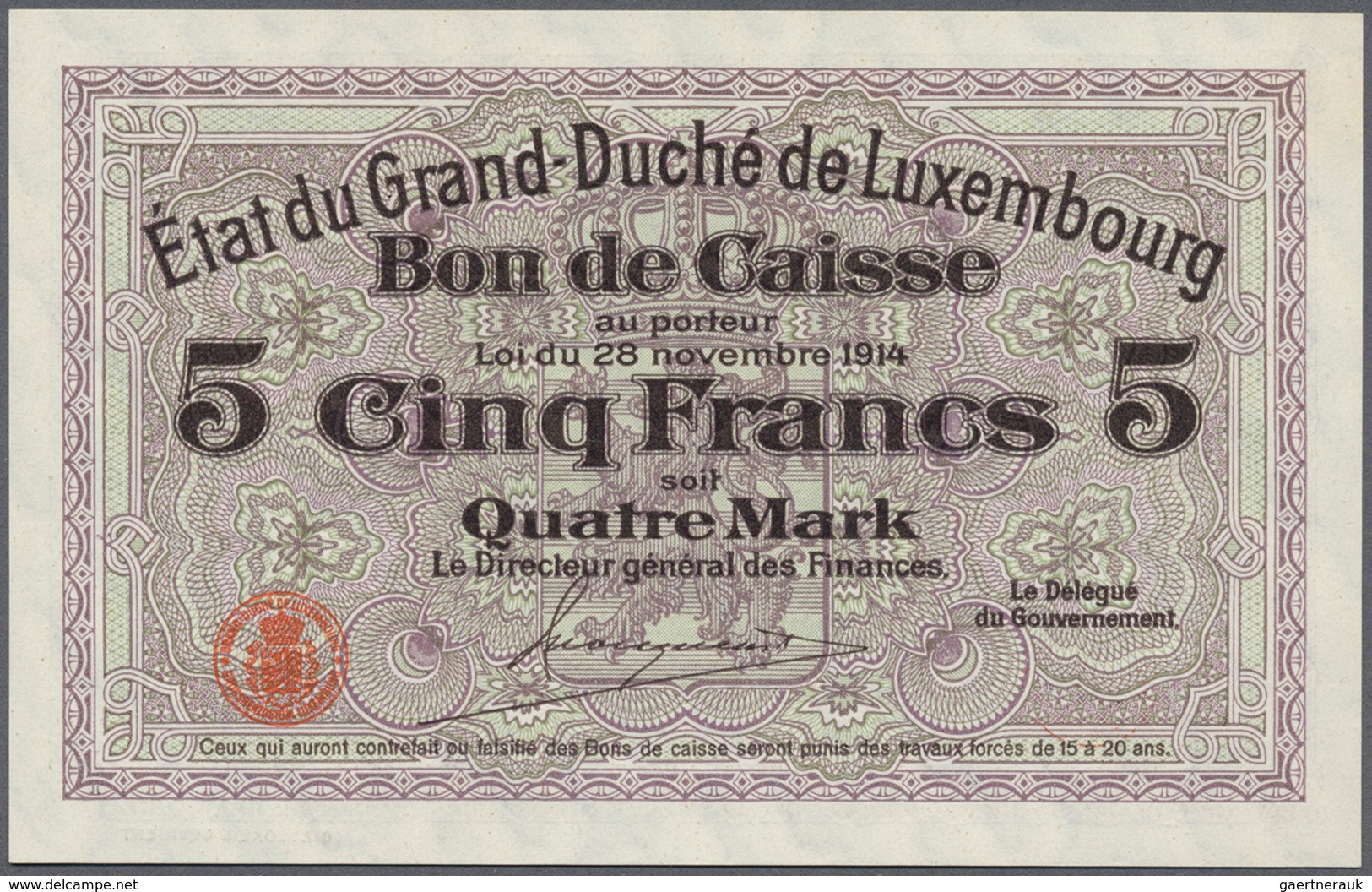 01936 Luxembourg: 5 Francs 1914 P. 23r Remainder, Only A Slight Corner Dint Otherwise Perfect Condition: A - Luxembourg