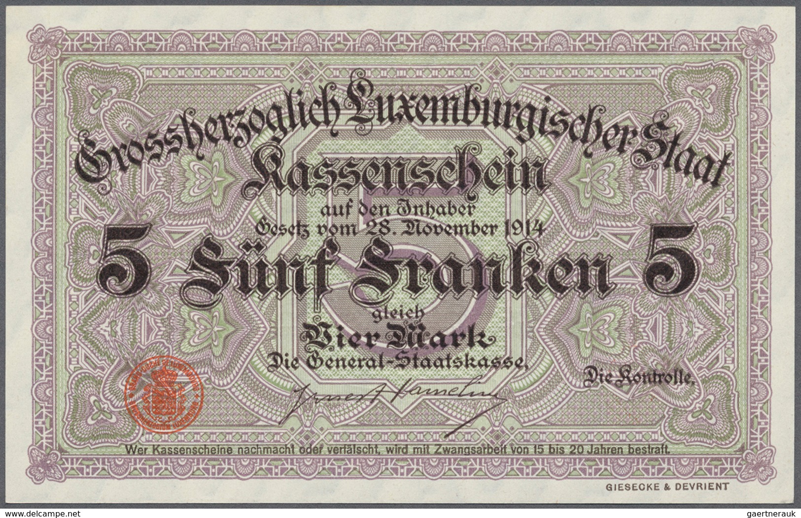 01936 Luxembourg: 5 Francs 1914 P. 23r Remainder, Only A Slight Corner Dint Otherwise Perfect Condition: A - Luxemburg