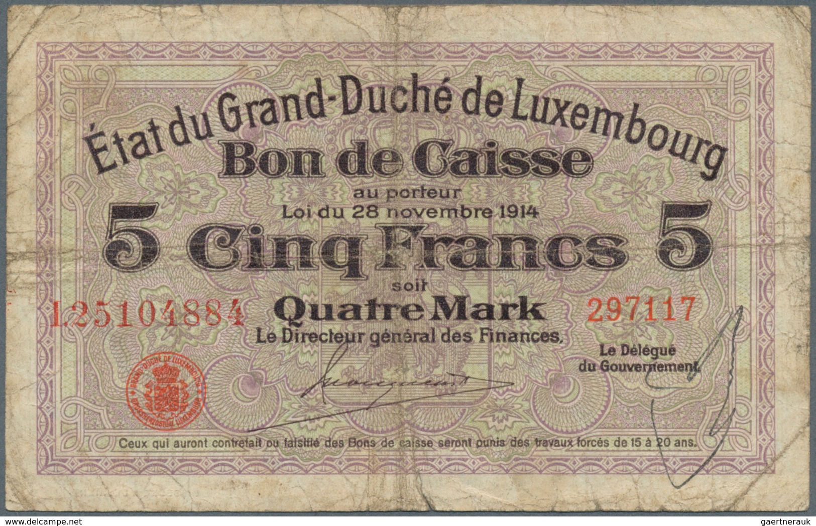 01937 Luxembourg: Very Nice Set With 5 Banknotes Comprising 2 X 5 Francs = 4 Mark With Signature Title: "L - Lussemburgo