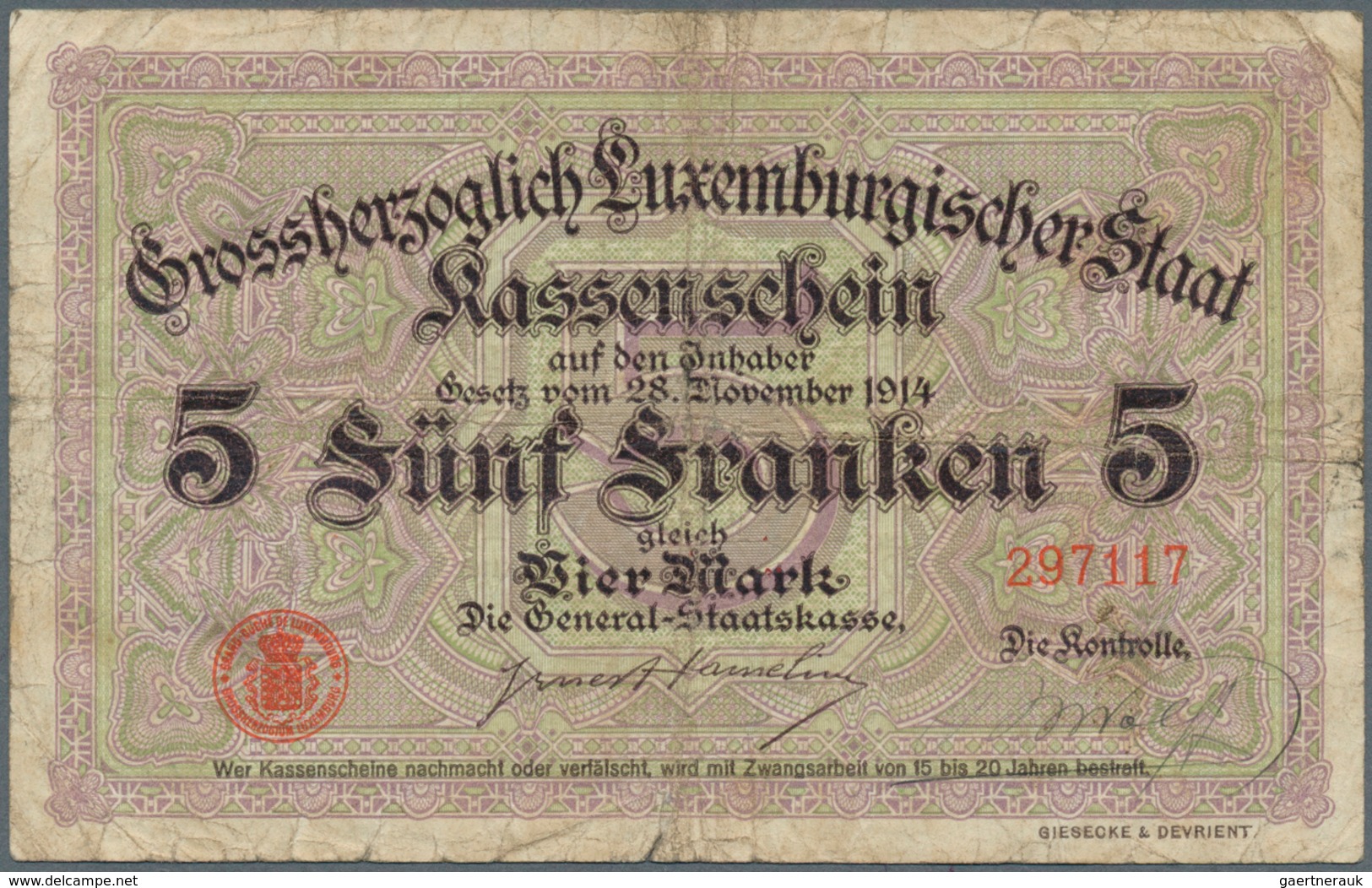 01937 Luxembourg: Very Nice Set With 5 Banknotes Comprising 2 X 5 Francs = 4 Mark With Signature Title: "L - Lussemburgo