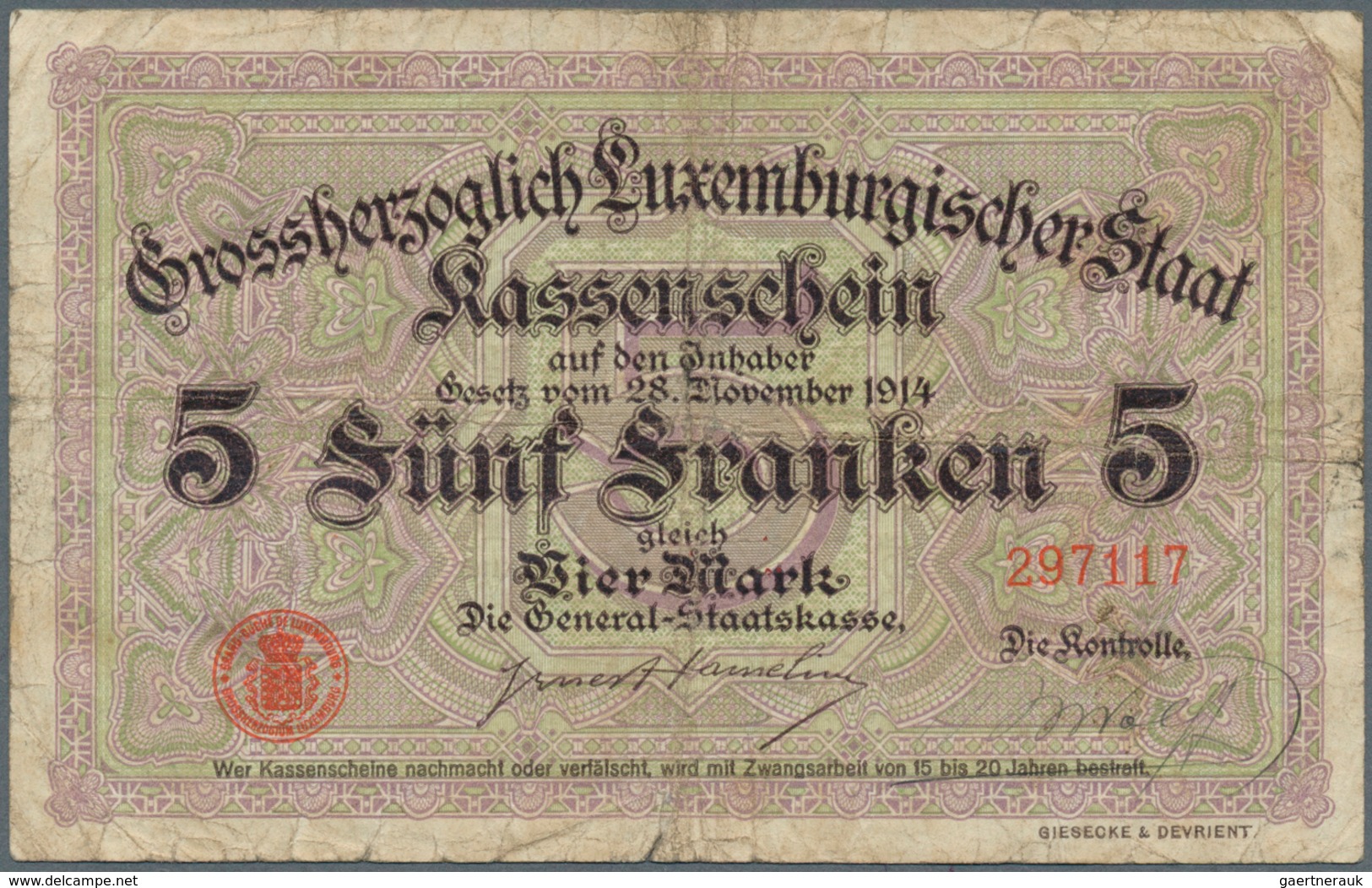 01937 Luxembourg: Very Nice Set With 5 Banknotes Comprising 2 X 5 Francs = 4 Mark With Signature Title: "L - Luxemburgo
