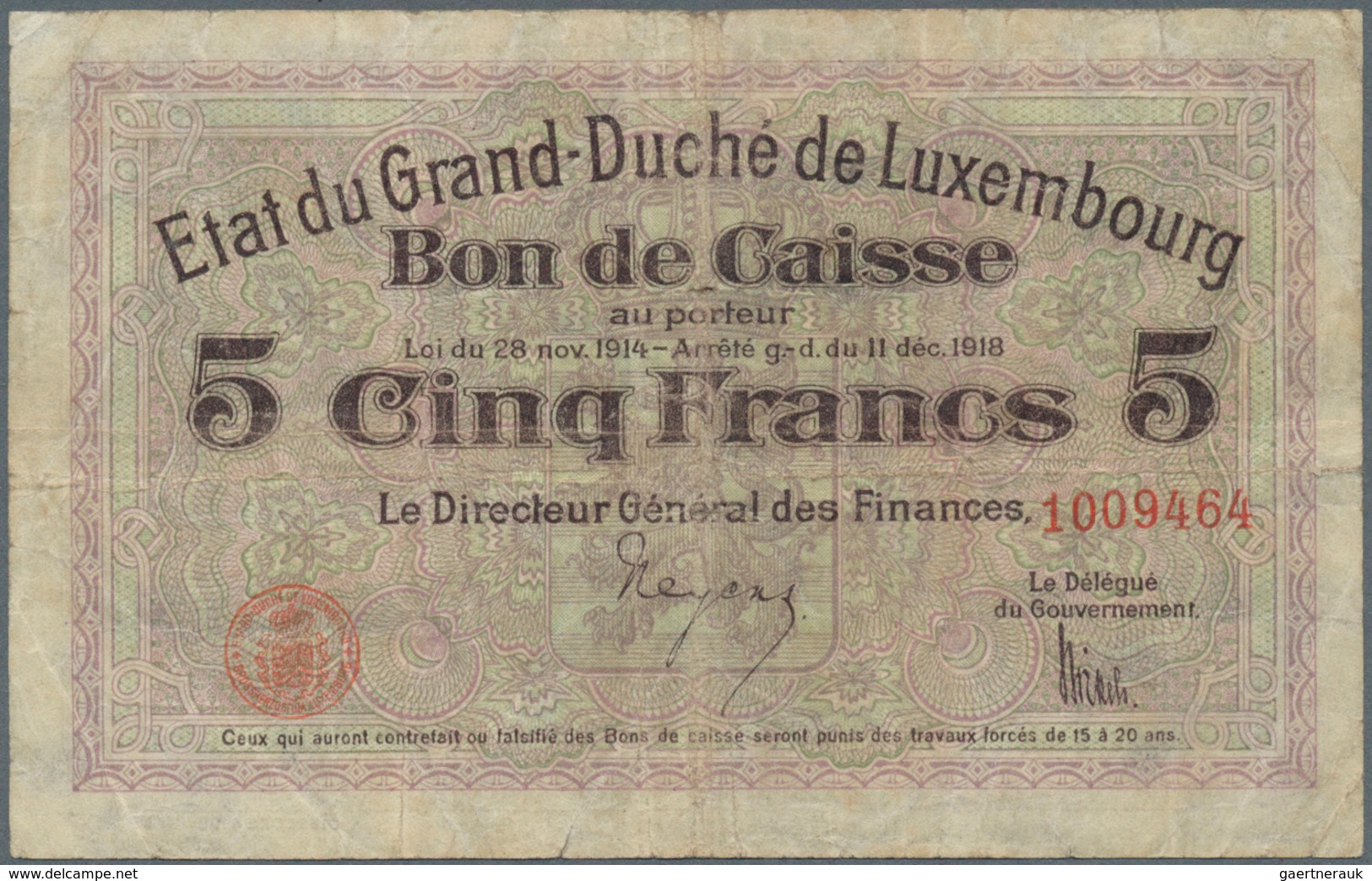 01937 Luxembourg: Very Nice Set With 5 Banknotes Comprising 2 X 5 Francs = 4 Mark With Signature Title: "L - Lussemburgo