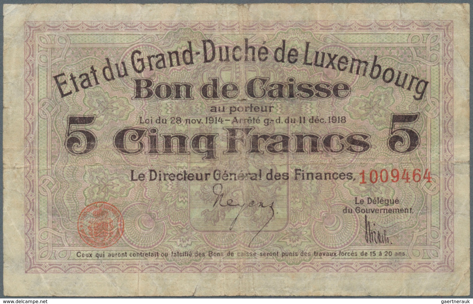 01937 Luxembourg: Very Nice Set With 5 Banknotes Comprising 2 X 5 Francs = 4 Mark With Signature Title: "L - Luxemburgo