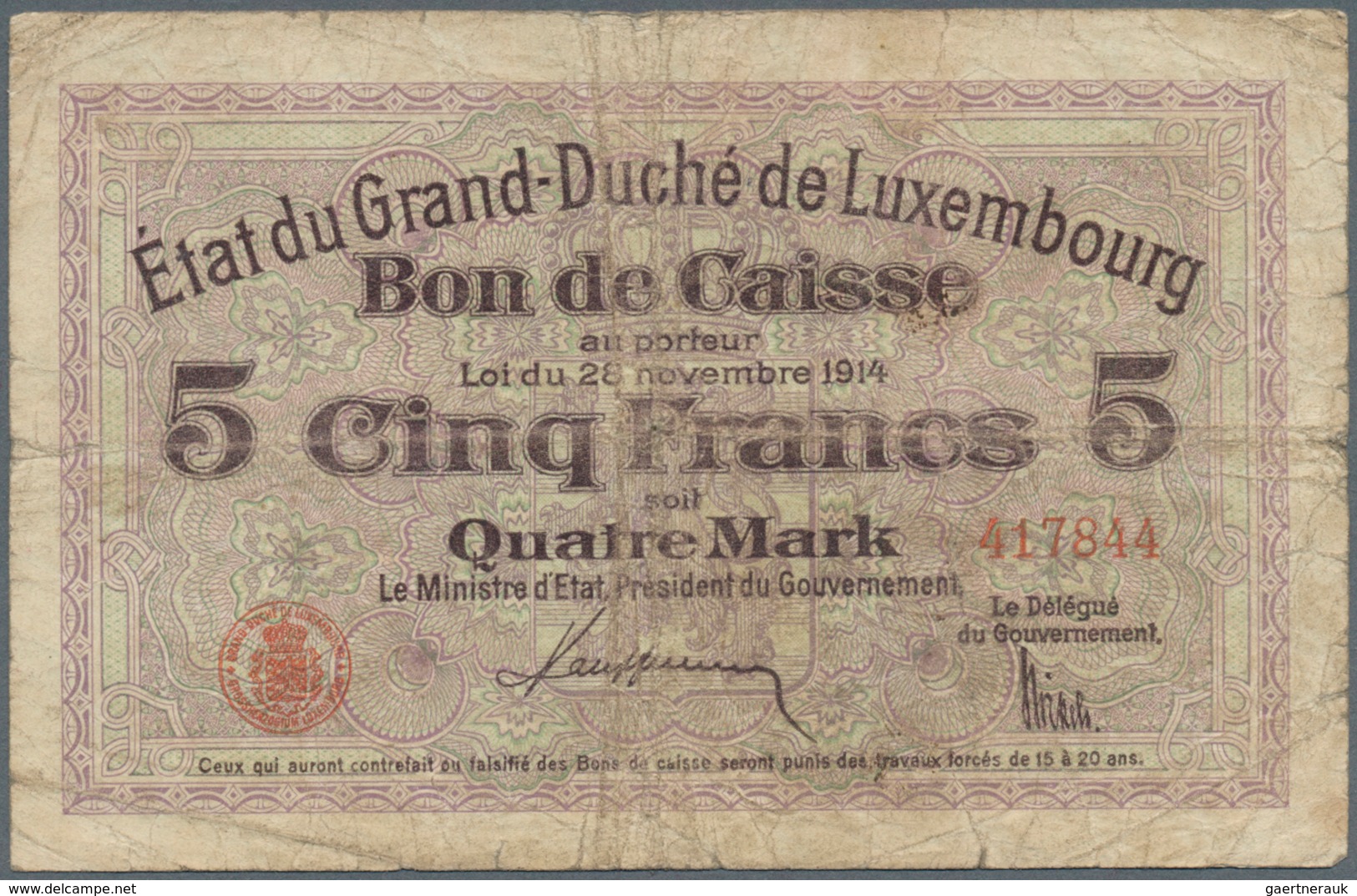 01937 Luxembourg: Very nice set with 5 Banknotes comprising 2 x 5 Francs = 4 Mark with Signature title: "L