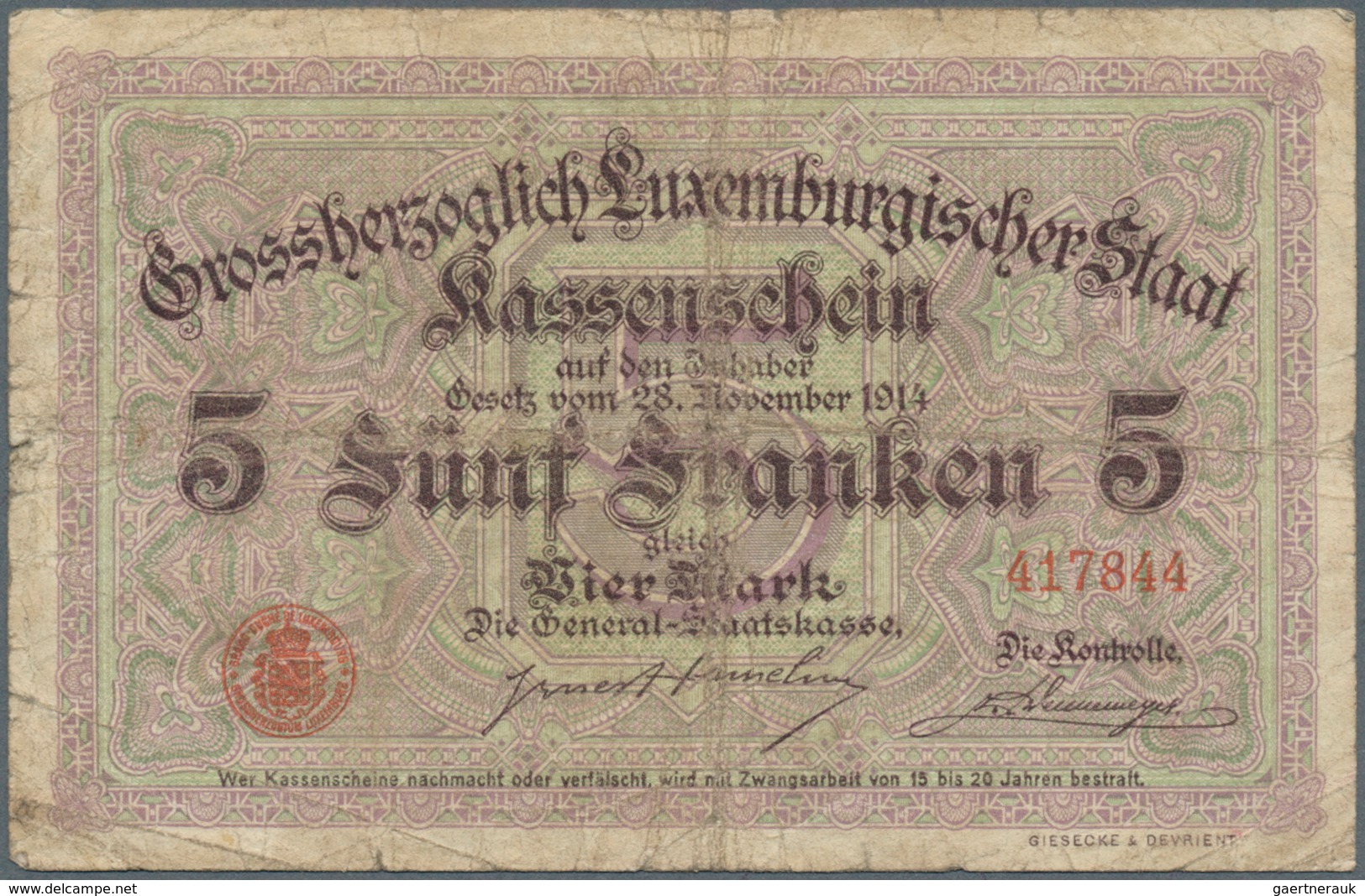 01937 Luxembourg: Very nice set with 5 Banknotes comprising 2 x 5 Francs = 4 Mark with Signature title: "L