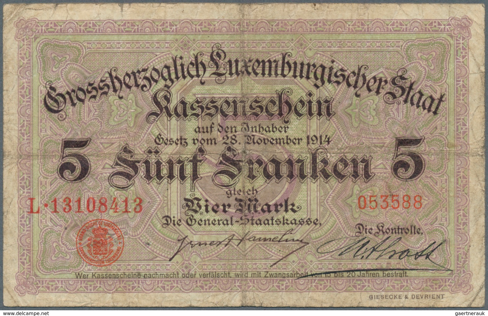 01937 Luxembourg: Very nice set with 5 Banknotes comprising 2 x 5 Francs = 4 Mark with Signature title: "L