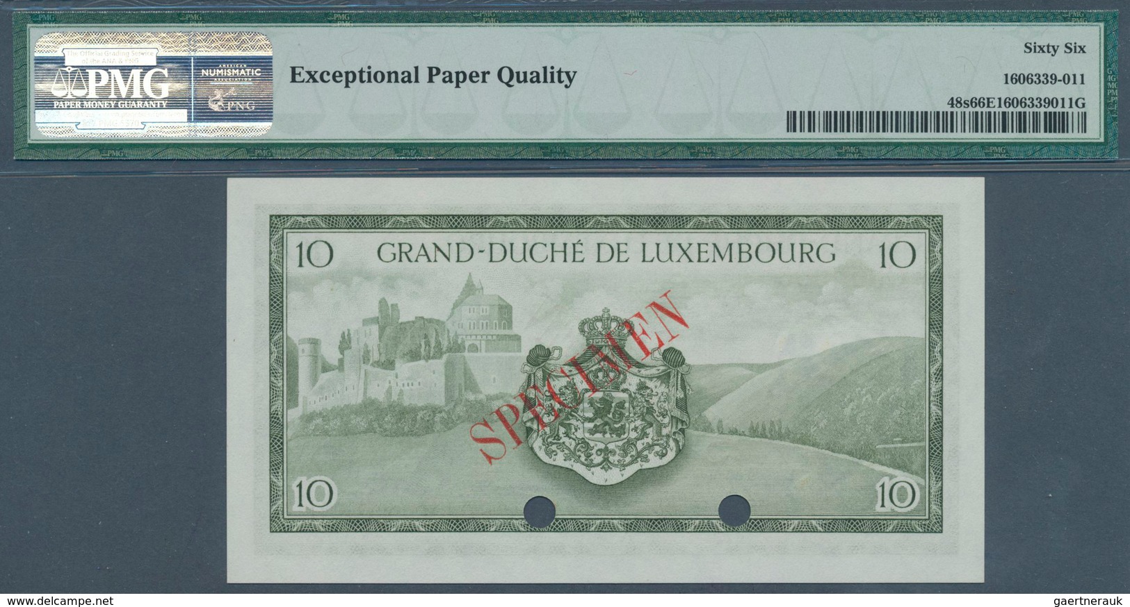 01938 Luxembourg: 10 Francs ND(1954) Specimen P. 48s, In Condition: PMG Graded 66 Gem UNC EPQ. - Luxembourg