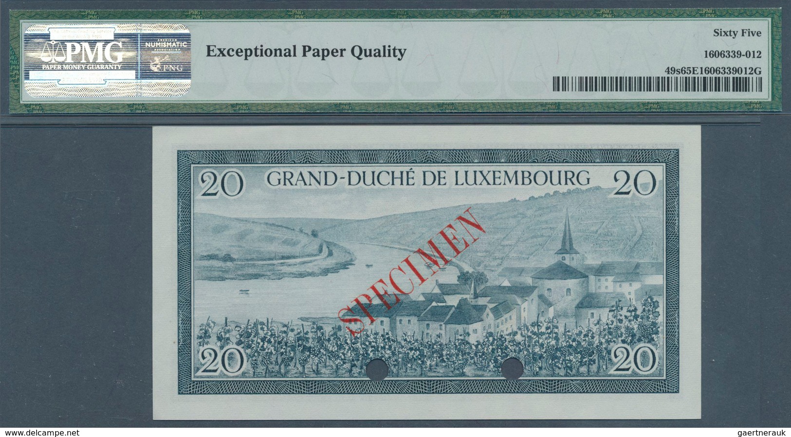 01939 Luxembourg: 20 Francs ND(1955) Specimen P. 49s, Condition: PMG Graded 65 GEM UNC EPQ. - Luxemburg