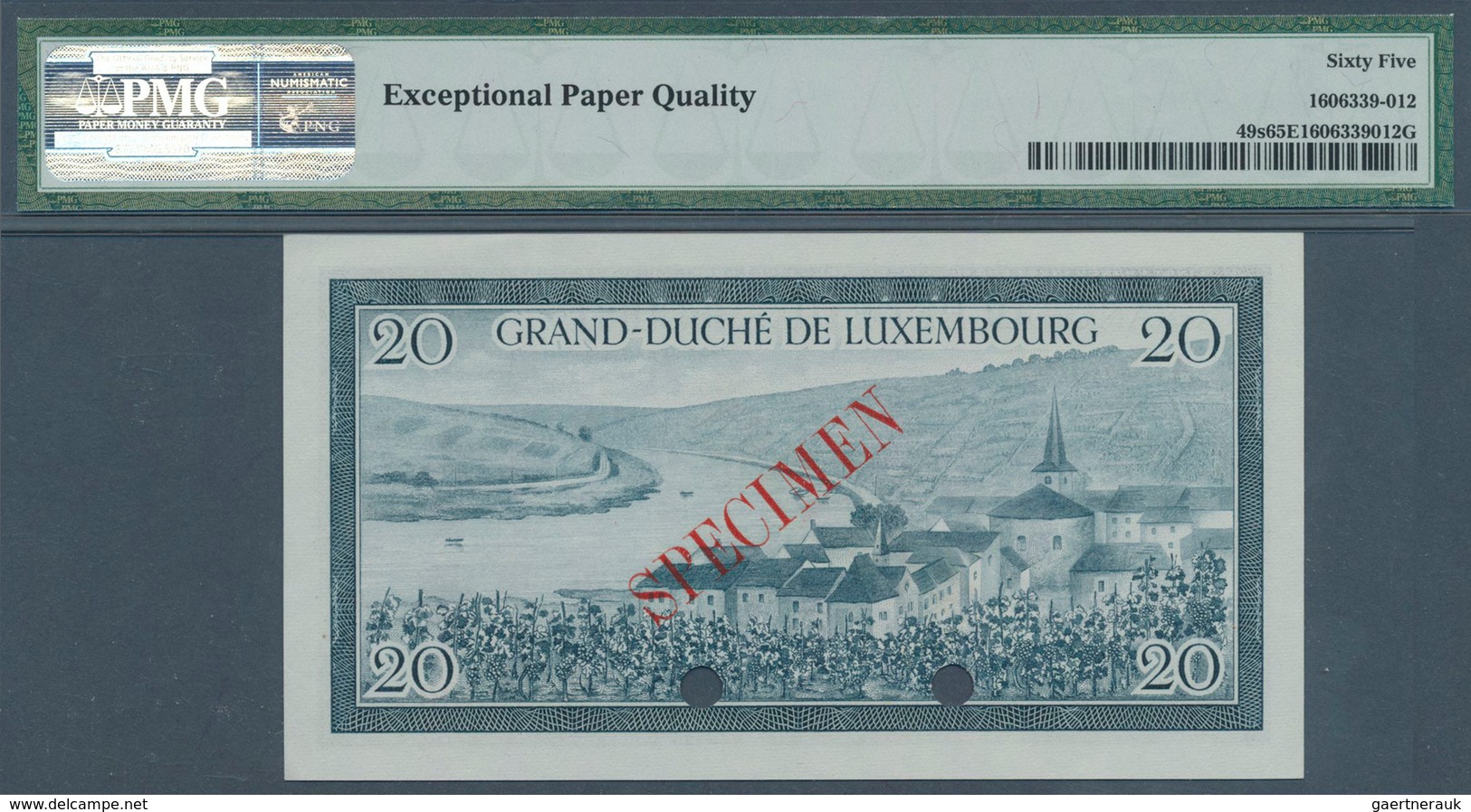 01939 Luxembourg: 20 Francs ND(1955) Specimen P. 49s, Condition: PMG Graded 65 GEM UNC EPQ. - Luxemburgo