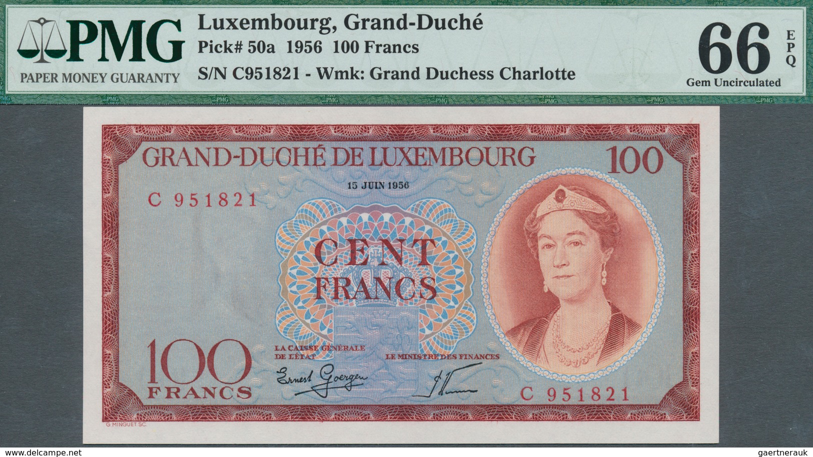01940 Luxembourg: 100 Francs 1956 P. 50a, Condition: PMG Graded 66 Gem UNC EPQ. - Luxemburg