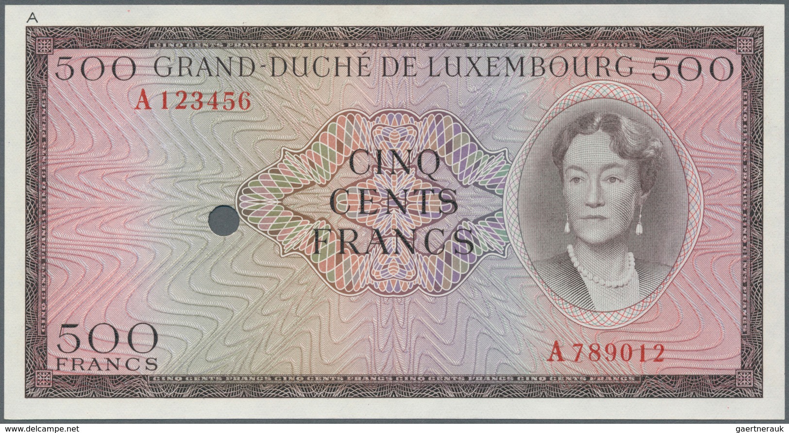 01943 Luxembourg: 500 Francs ND Color Trial Of P. 52A In Brown Instead Of Blue Color, With Serial And One - Luxemburg