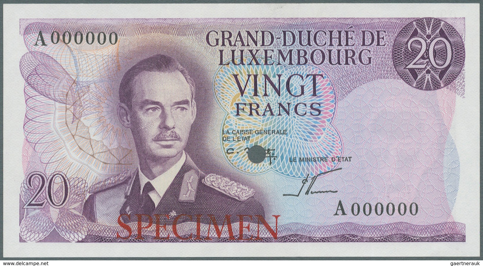 01944 Luxembourg: 20 Francs ND P. 54ct Color Trial In Lilac Color, With Specimen Overprint, Slight Dints A - Luxembourg