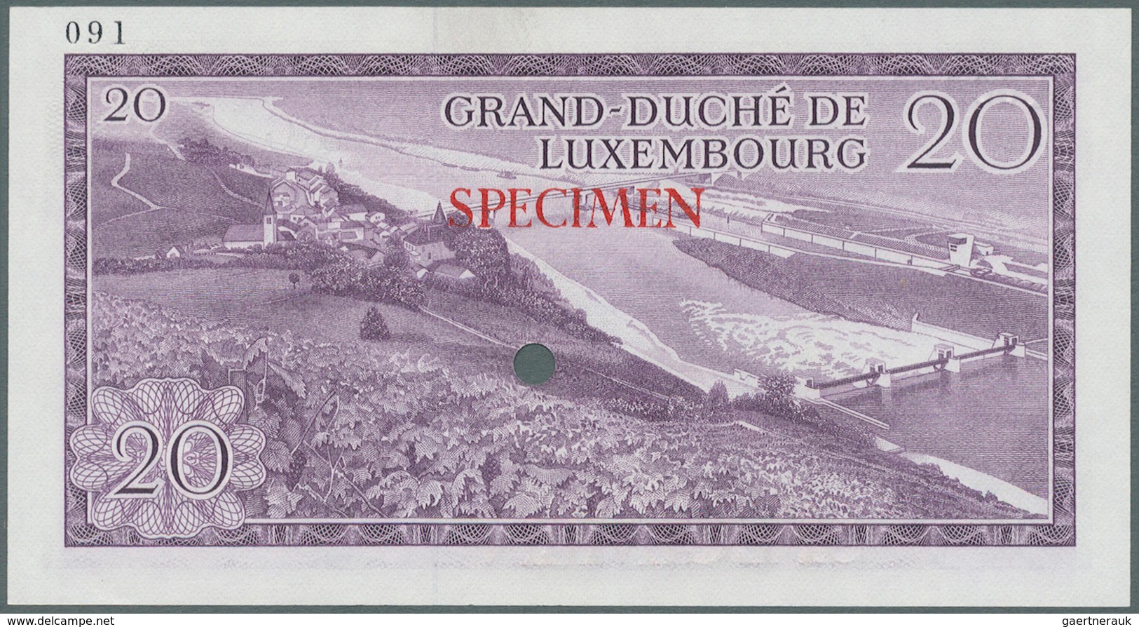 01944 Luxembourg: 20 Francs ND P. 54ct Color Trial In Lilac Color, With Specimen Overprint, Slight Dints A - Luxembourg