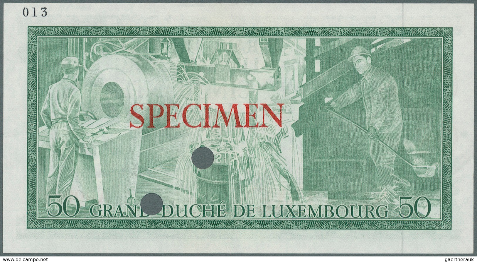 01945 Luxembourg: 50 Francs ND P. 55ct Color Trial In Green Color, With Specimen Overprint, Slight Dints A - Lussemburgo