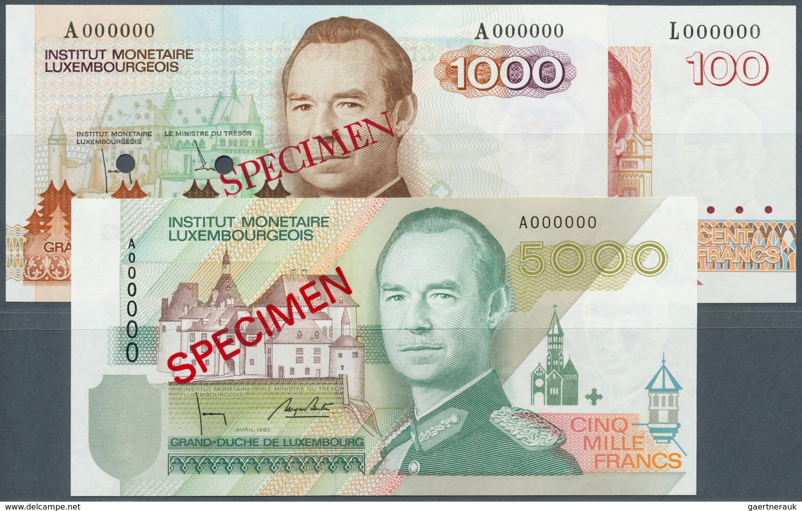 01948 Luxembourg: Set Of 3 Specimen Banknotes Containing 100 Francs P. 58s, 1000 Francs P. 59s And 5000 Fr - Lussemburgo