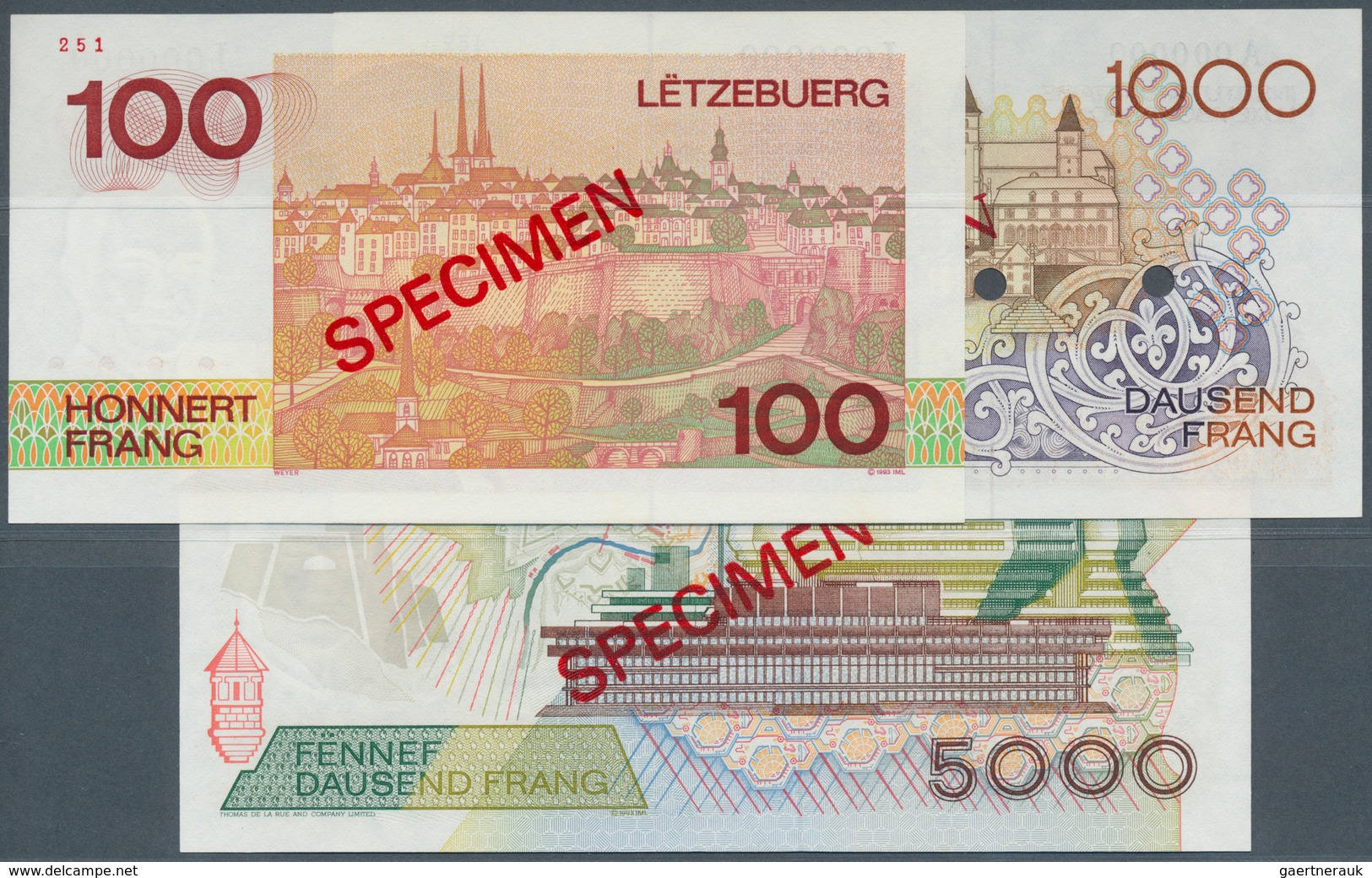 01948 Luxembourg: Set Of 3 Specimen Banknotes Containing 100 Francs P. 58s, 1000 Francs P. 59s And 5000 Fr - Luxemburgo