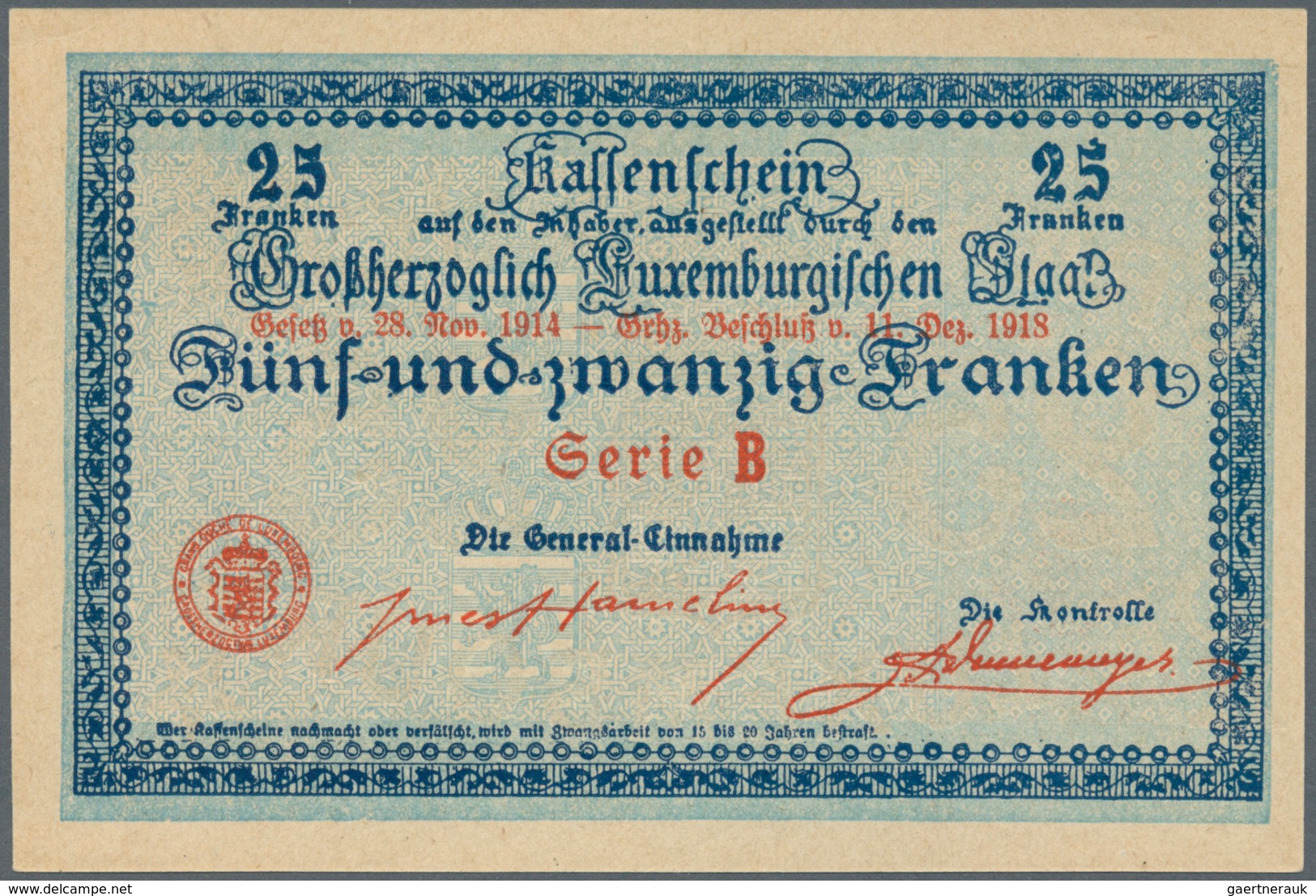 01949 Luxembourg: 25 Franken 1918 P. NL, Serie B, Without Serial Number, Condition: UNC. - Luxemburg