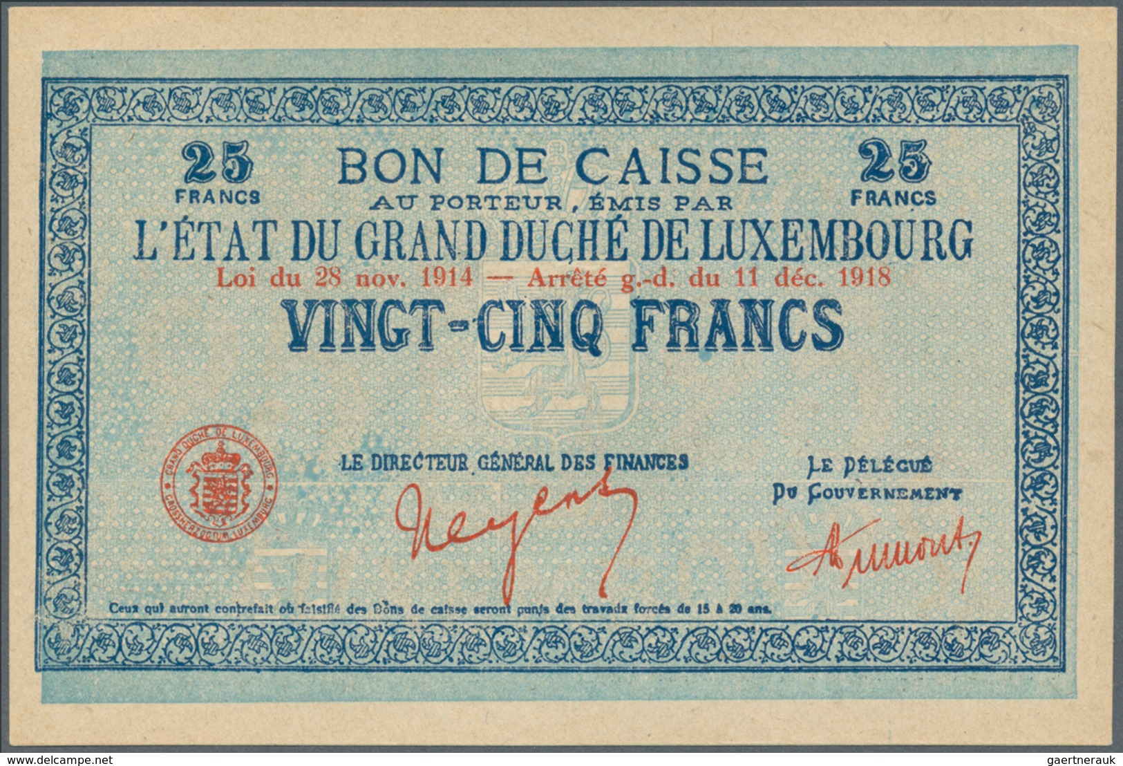 01949 Luxembourg: 25 Franken 1918 P. NL, Serie B, Without Serial Number, Condition: UNC. - Lussemburgo