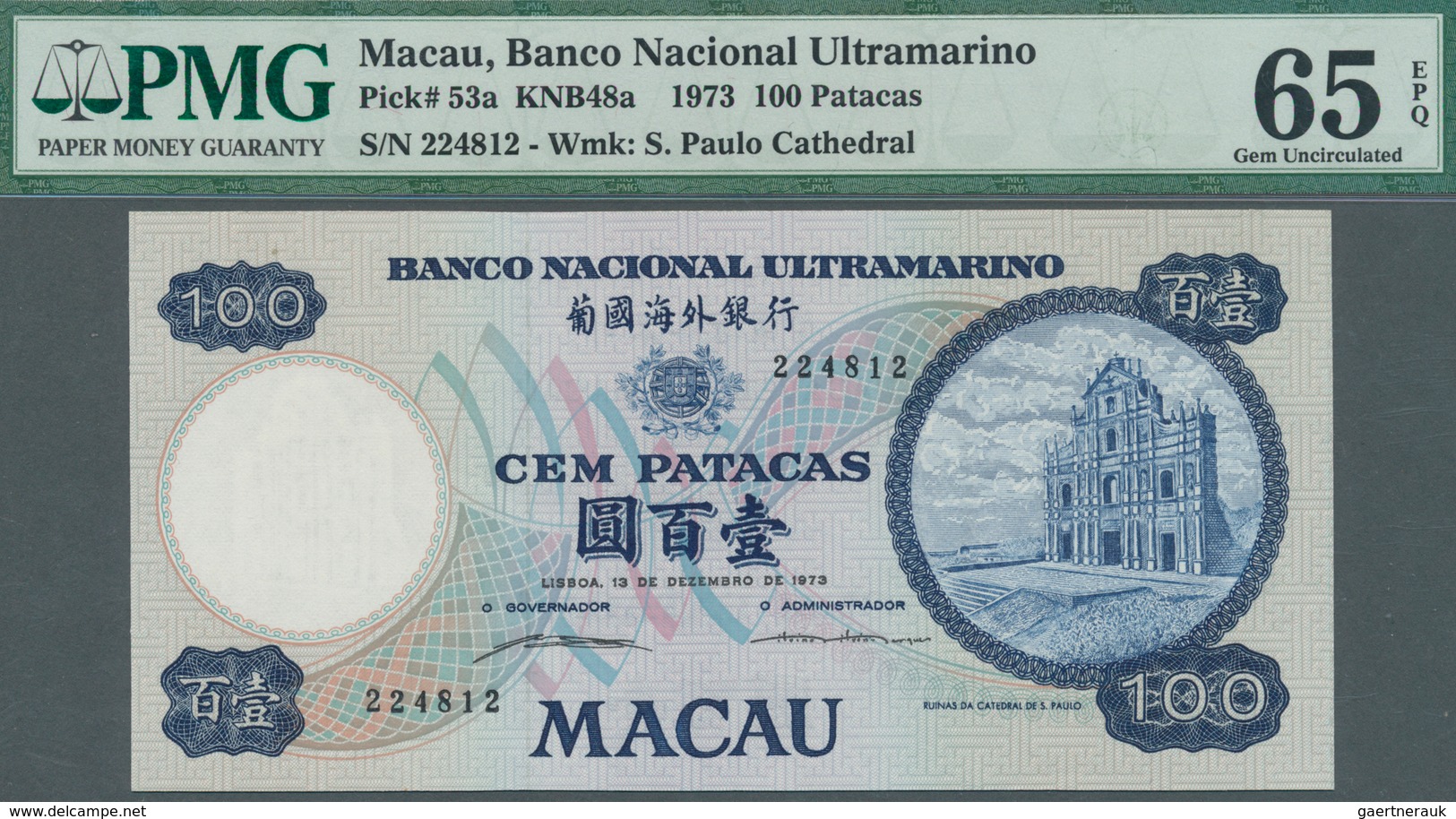 01950 Macau / Macao: 100 Patacas 1973, P.53a, Highly Rare Note In Excellent Condition, PMG Graded 65 EPQ - Macao