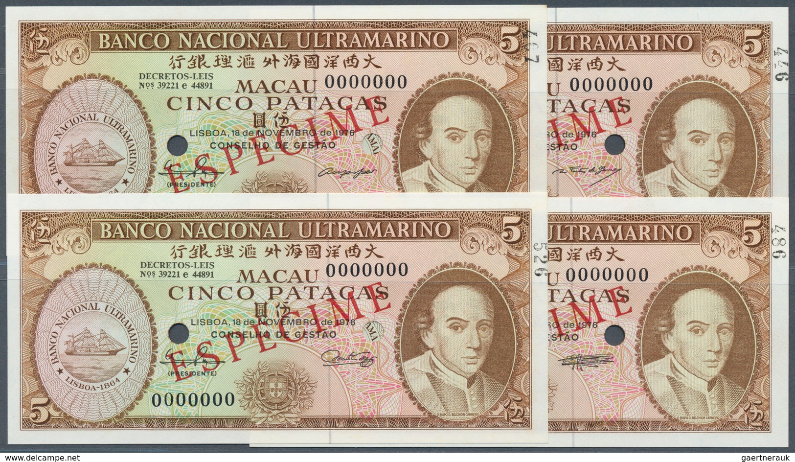 01951 Macau / Macao: Set Of 4 Different Signature Specimens Of 5 Patacas 1976 Specimen P. 54s, Zero Serial - Macao