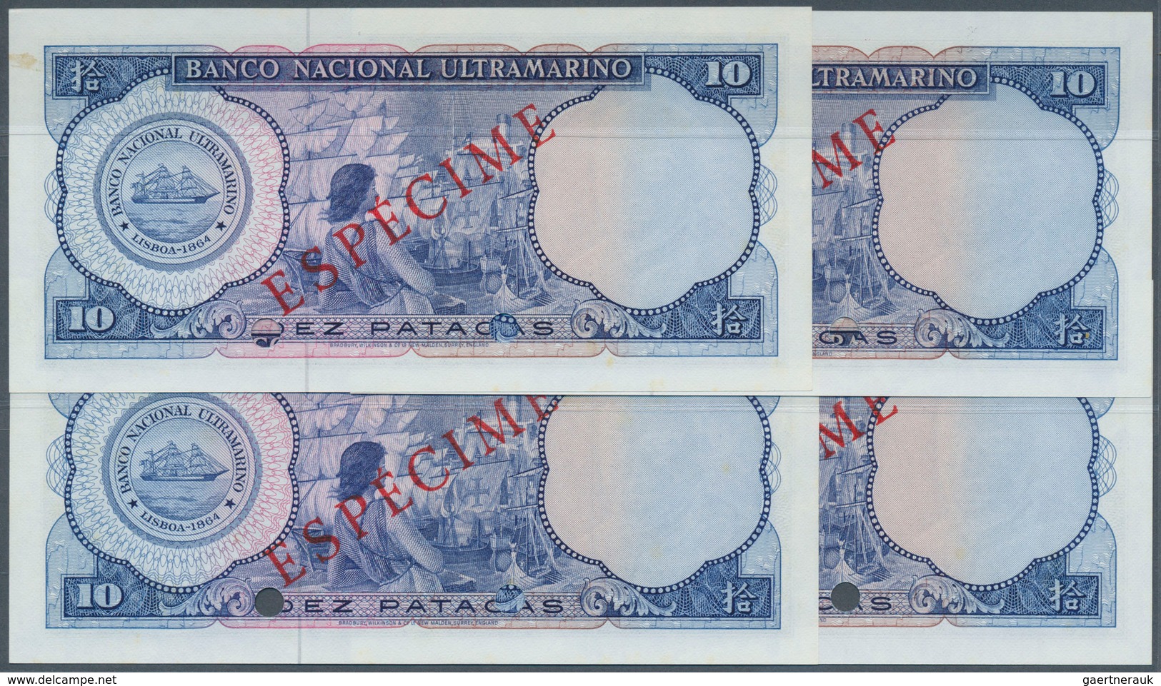 01952 Macau / Macao: Set Of 4 Different Signature Specimens Of 10 Patacas 1977 Specimen P. 55s, Zero Seria - Macau