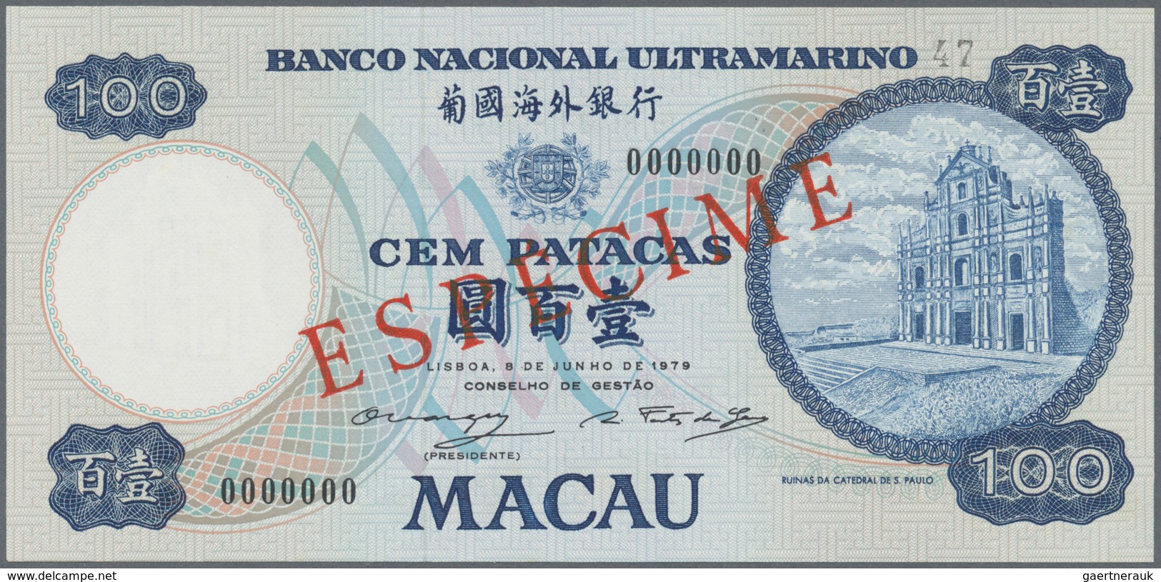 01953 Macau / Macao: 100 Patacas June 8th 1979 SPECIMEN, P.57s In Perfect UNC Condition - Macau