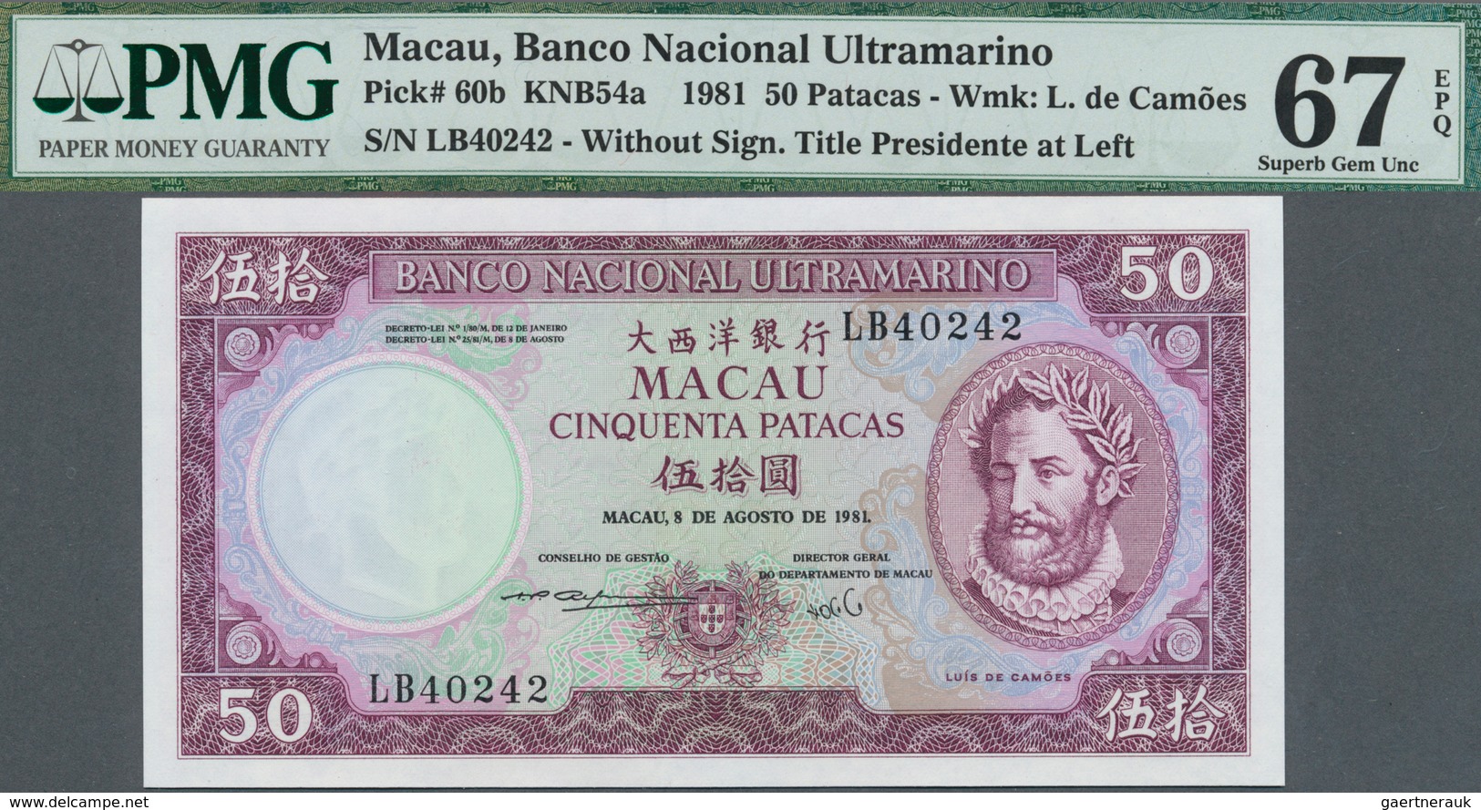 01955 Macau / Macao: Banco Nacional Ultramarino 50 Patacas 1981, P.60 In Perfect UNC Condition, PMG Graded - Macao