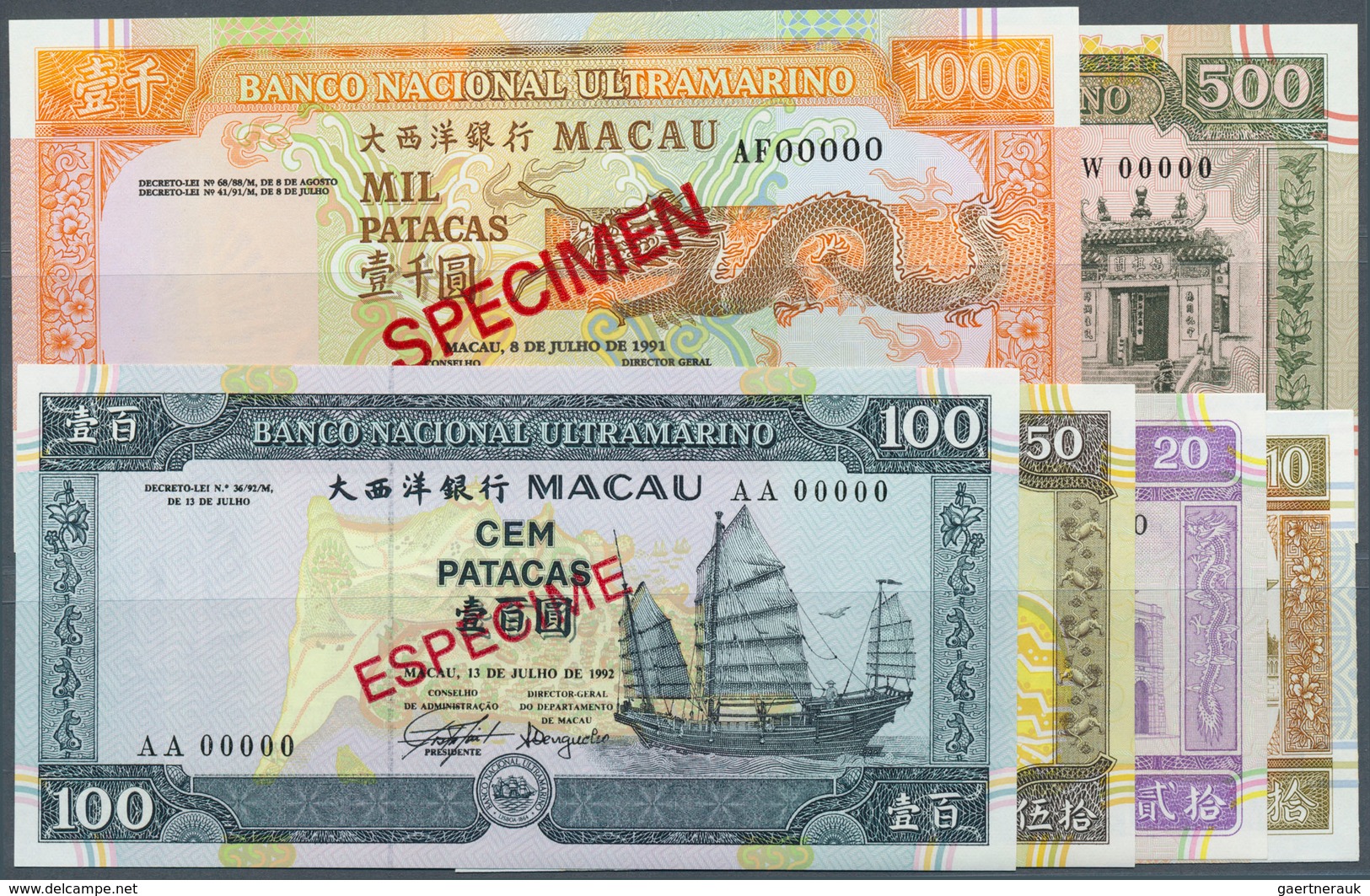 01956 Macau / Macao: Series Of 6 Specimen Notes Containing 10, 20, 50, 100, 500 And 1000 Patacas 1991 Spec - Macau