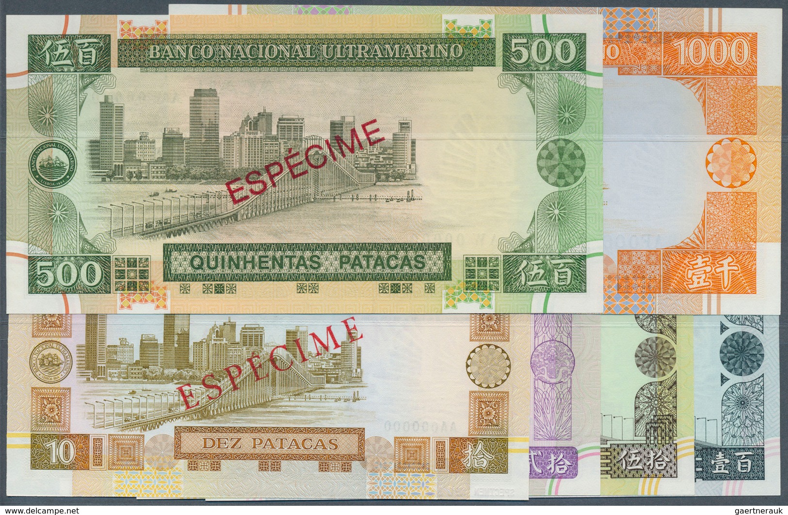 01956 Macau / Macao: Series Of 6 Specimen Notes Containing 10, 20, 50, 100, 500 And 1000 Patacas 1991 Spec - Macao