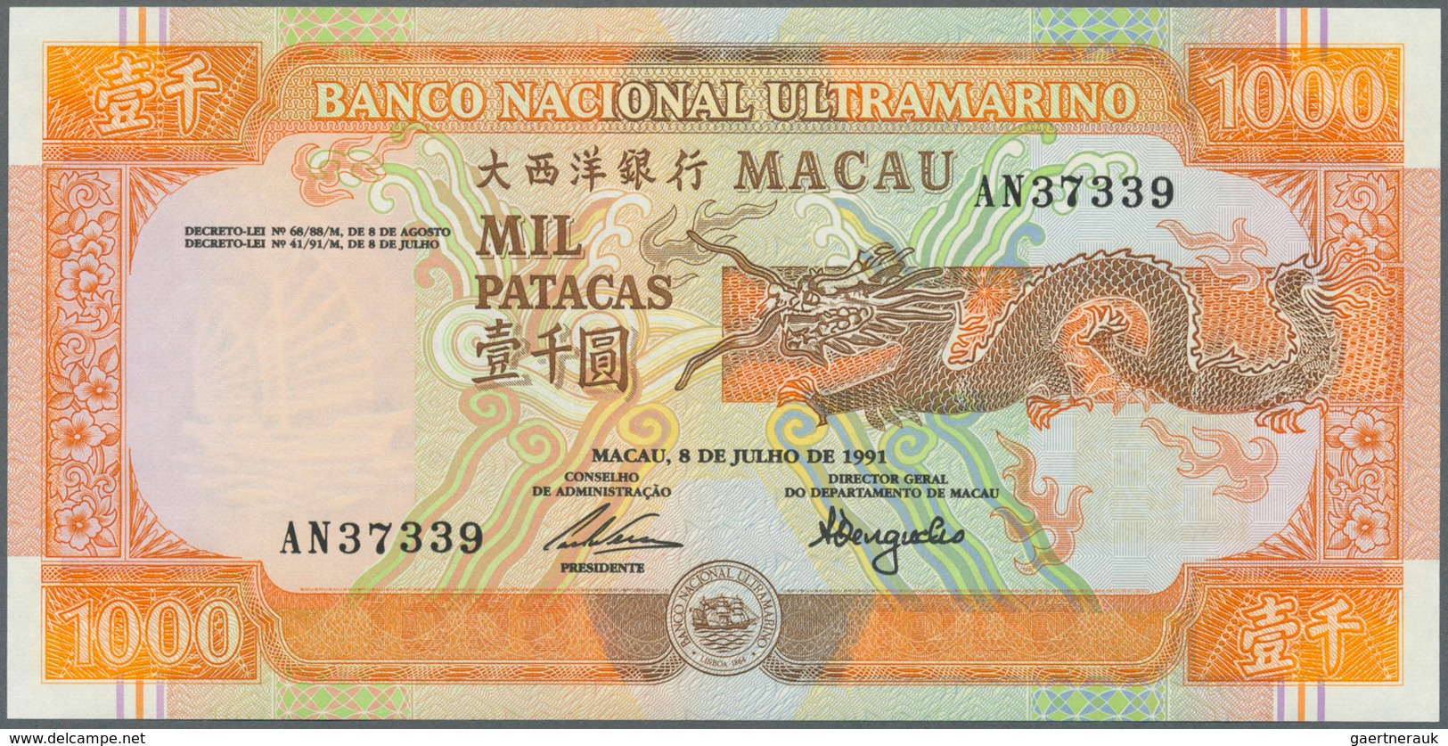 01957 Macau / Macao: 1000 Patacas 1991 P. 70b In Condition: UNC. - Macau