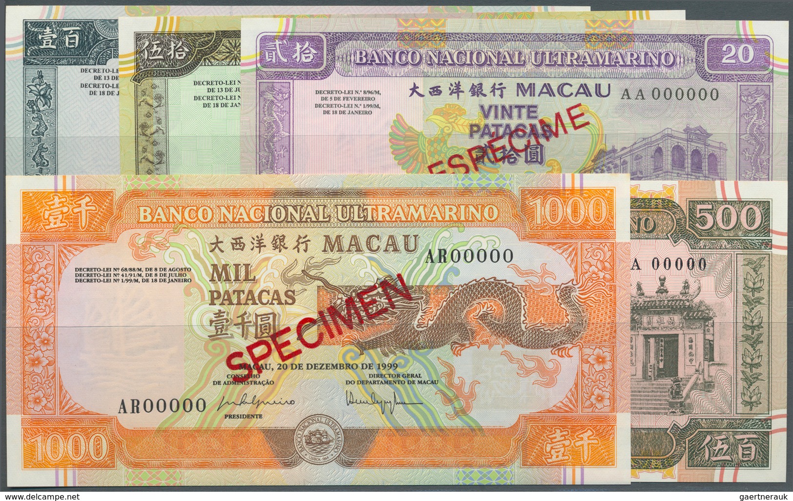 01958 Macau / Macao: Banco Nacional Ultramarino, Highly Rare Specimen Set Of The December 20th 1999 Series - Macau