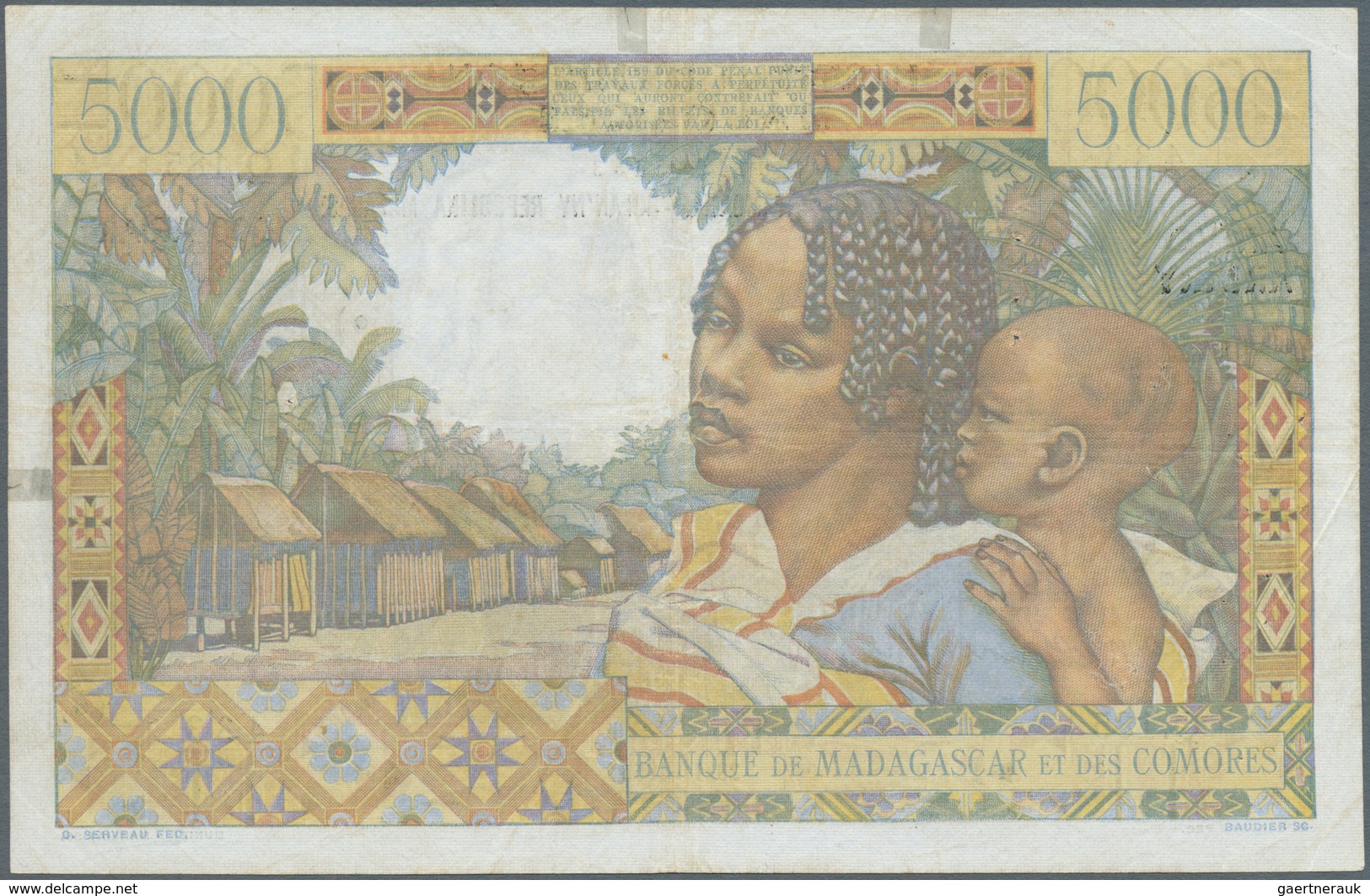 01961 Madagascar: 5000 Francs 1955 P. 55, Used With Folds And Pinholes, 2 Very Tiny And Restored Tears At - Madagaskar