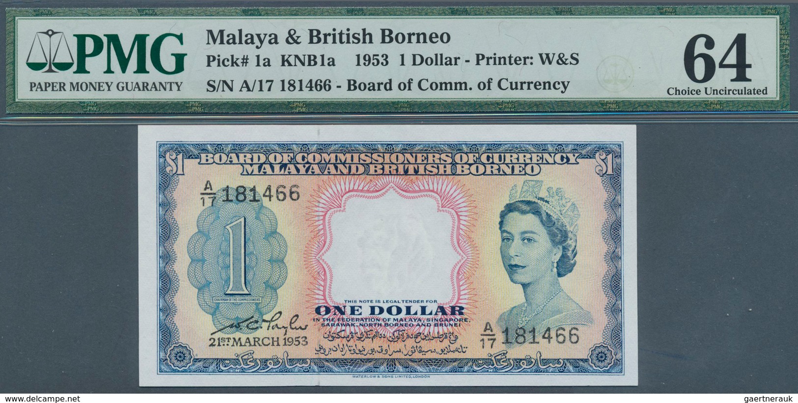 01967 Malaya & British Borneo: 1 Dollar 1953 P. 1a, Condition: PMG Graded 64 Choice UNC. - Malesia