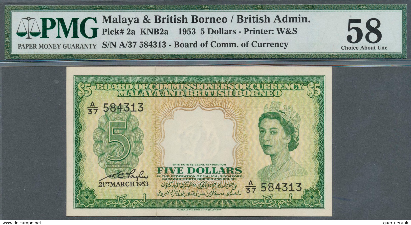 01970 Malaya & British Borneo: 5 Dollars 1953 P. 2a In Condition: PMG Graded 58 Choice AUNC. - Malaysia