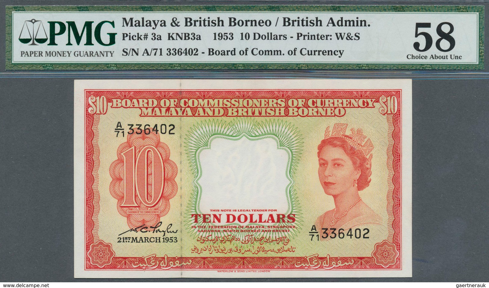 01971 Malaya & British Borneo: 10 Dollars 1953 P. 3a In Condition: PMG Graded 58 Choice About UNC. - Maleisië