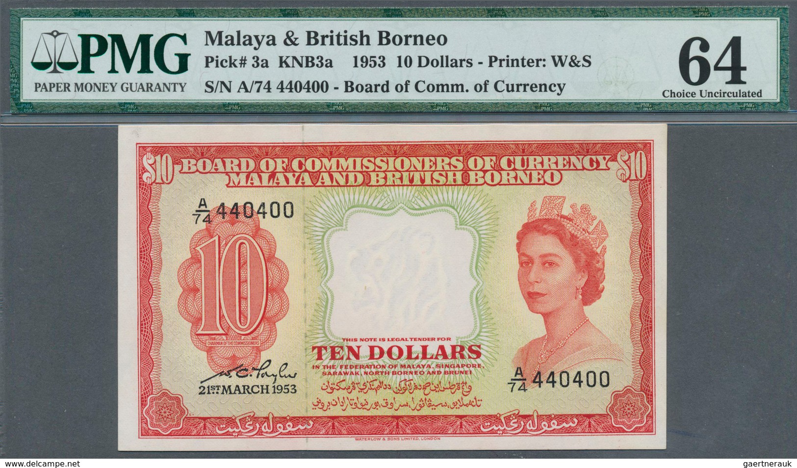 01972 Malaya & British Borneo: 10 Dollars 1953 P. 3a, Condition: PMG Graded 64 Choice UNC. - Malaysia