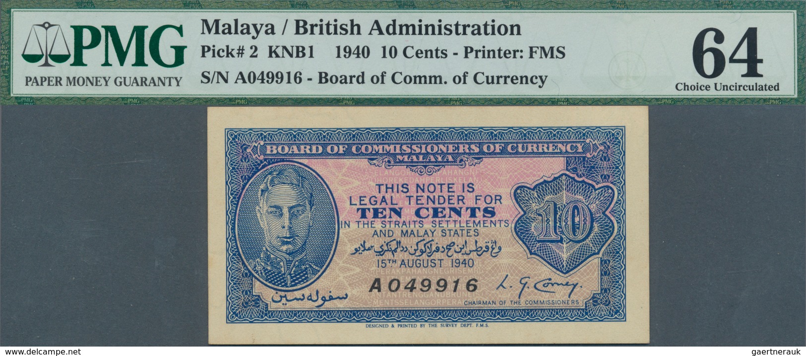 01975 Malaya: 10 Cents 1940 P. 2 In Condition: PMG Graded 64 Choice UNC. - Maleisië