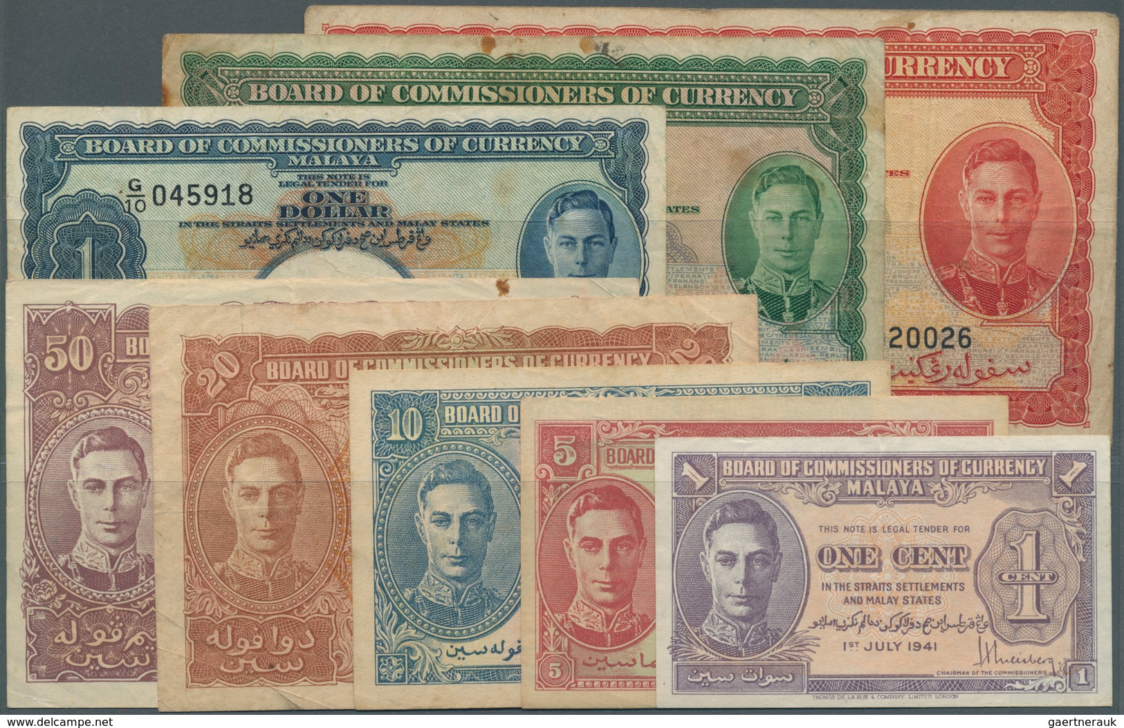 01977 Malaya: Set Of 8 Notes Containing 1, 5, 10, 20 And 50 Cents 1941 And 1, 5 And 10 Dollars 1941 P. 6-1 - Malesia