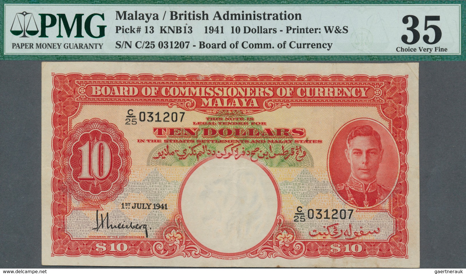 01982 Malaya: 10 Dollars 1941 P. 13 In Condition: PMG Graded 35 Choice VF. - Malasia