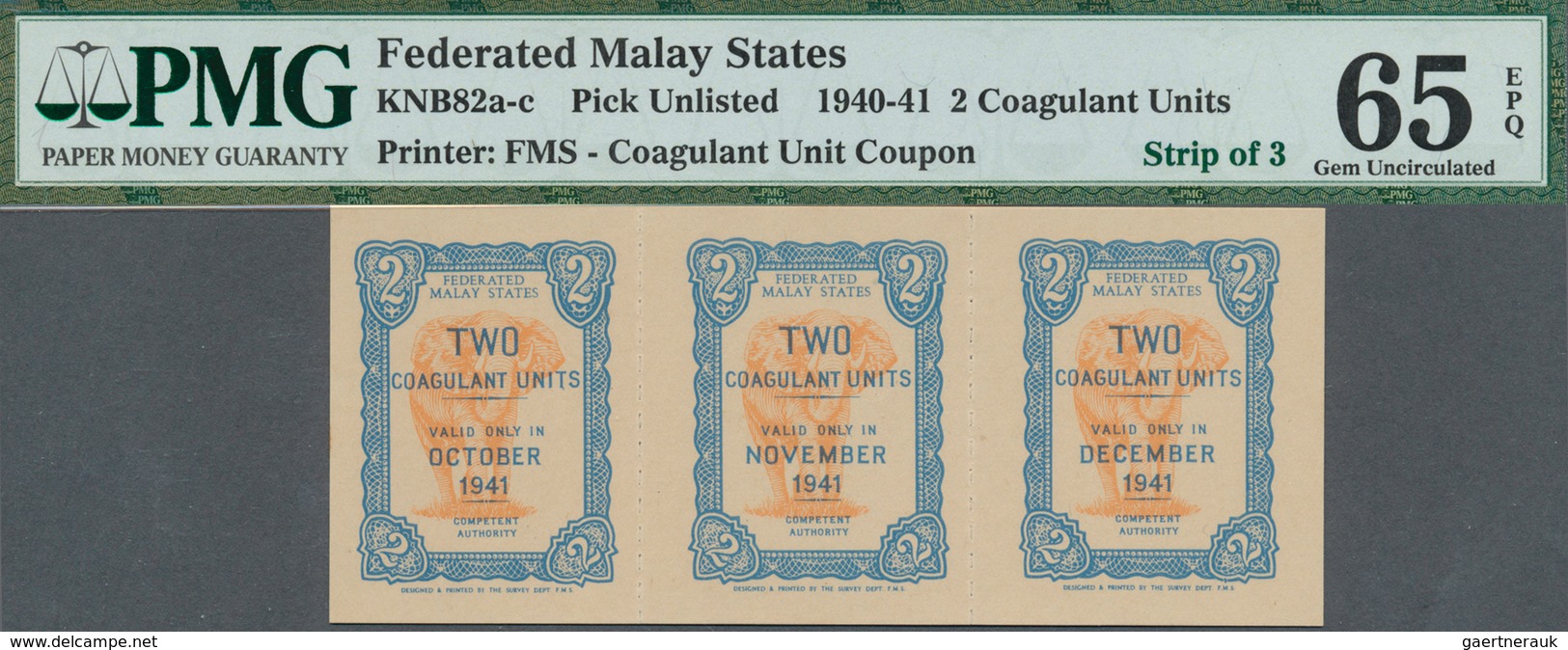 01984 Malaya: Federated Malay States Strip Of 3 Coupons 2 Coagulant Units 1940-41 P. NL In Condition: PMG - Malasia