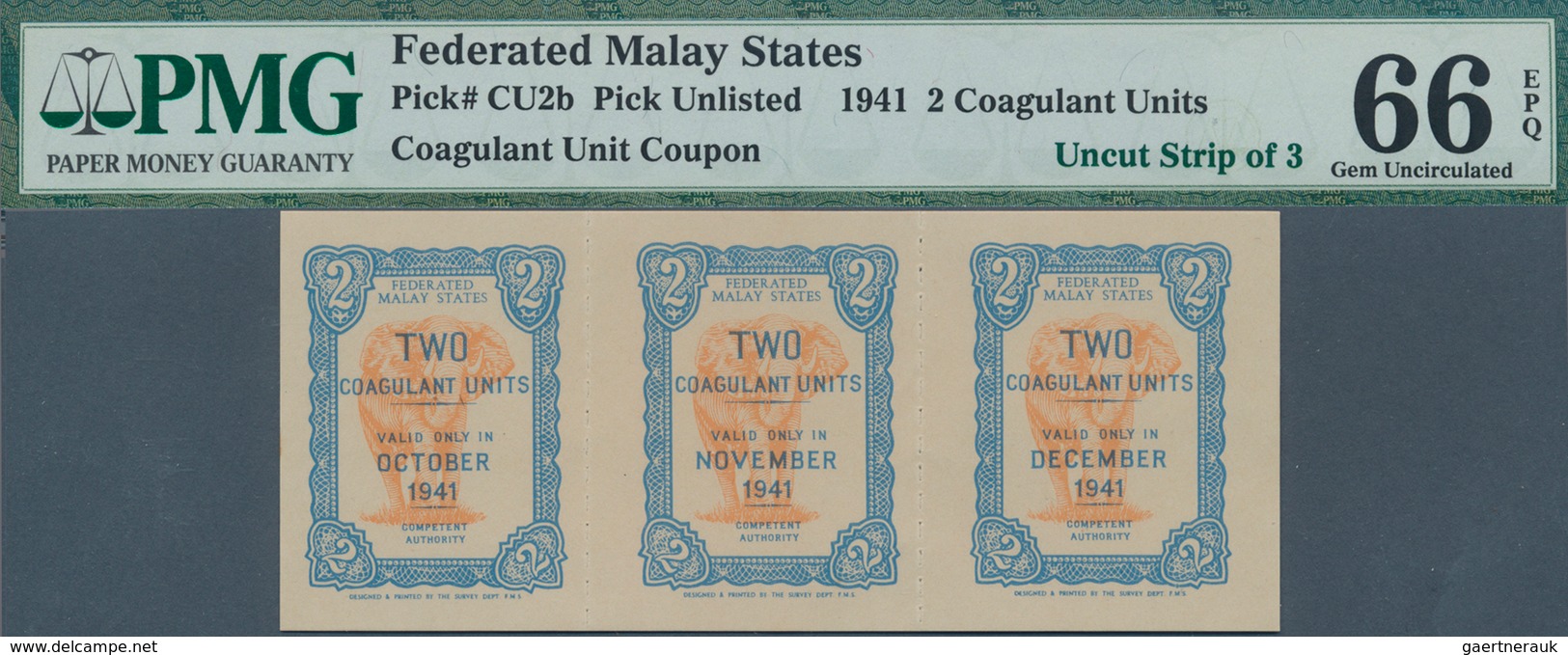 01985 Malaya: Federal Malay States Uncut Stripe Of 3 Pcs 2 Coagulant Units 1941 In Condition: PMG Graded 6 - Malasia