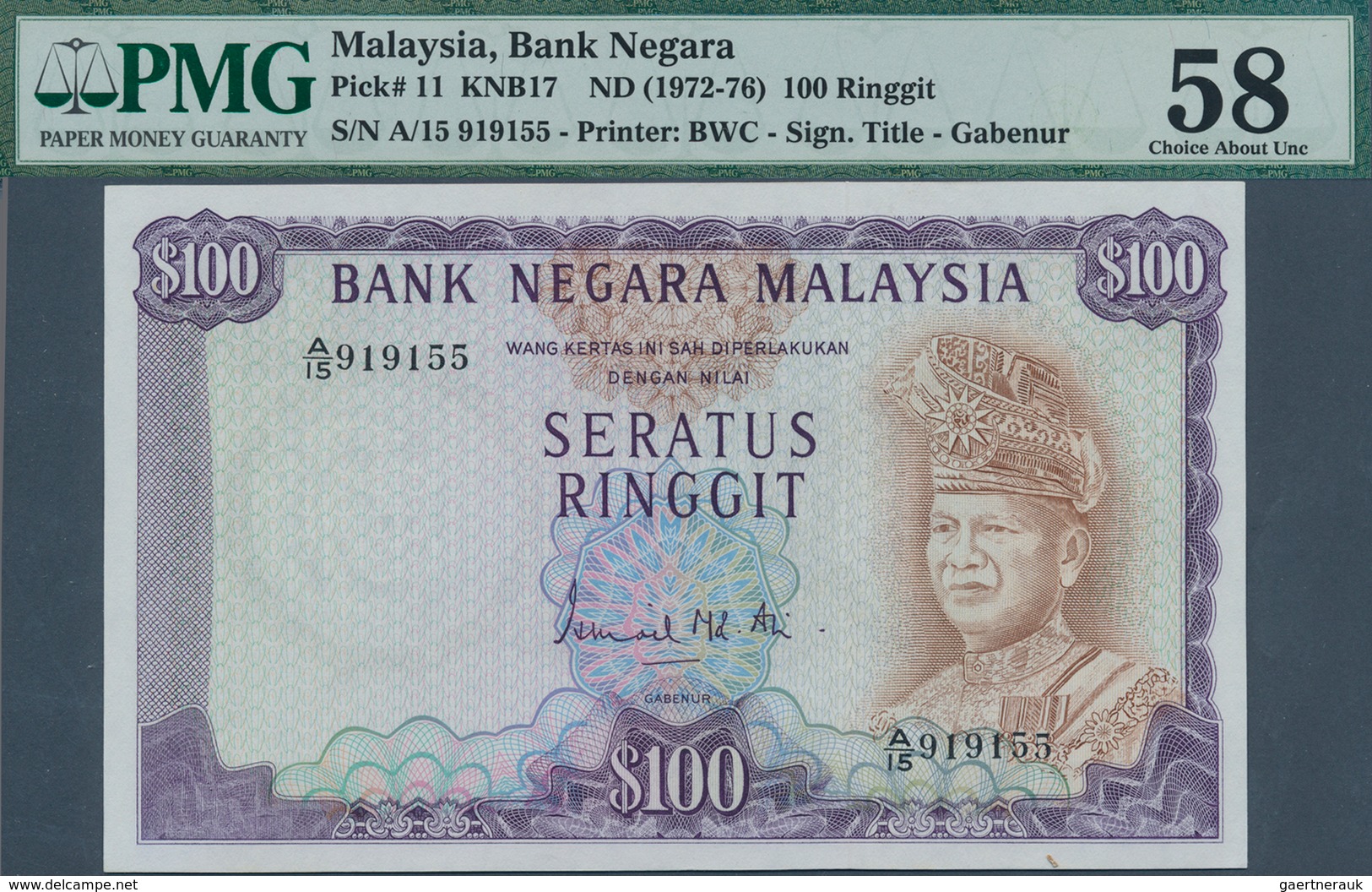 01988 Malaysia: 100 Ringgit ND(1972-76) P. 11 In Condition: PMG Graded 58 Choice AUNC. - Maleisië